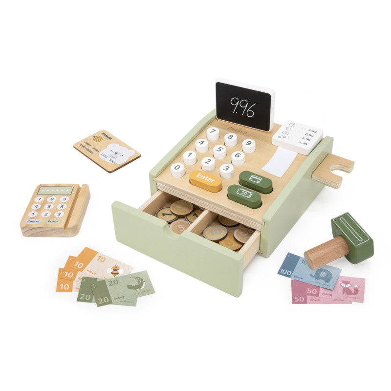 PolarB Wooden Cash Register Toy for Kids, Pretend Play Checkout Set with Scanner, Credit Card, Coins, and Receipt Roll, Educational Role Play Toy for Ages 3 and Up