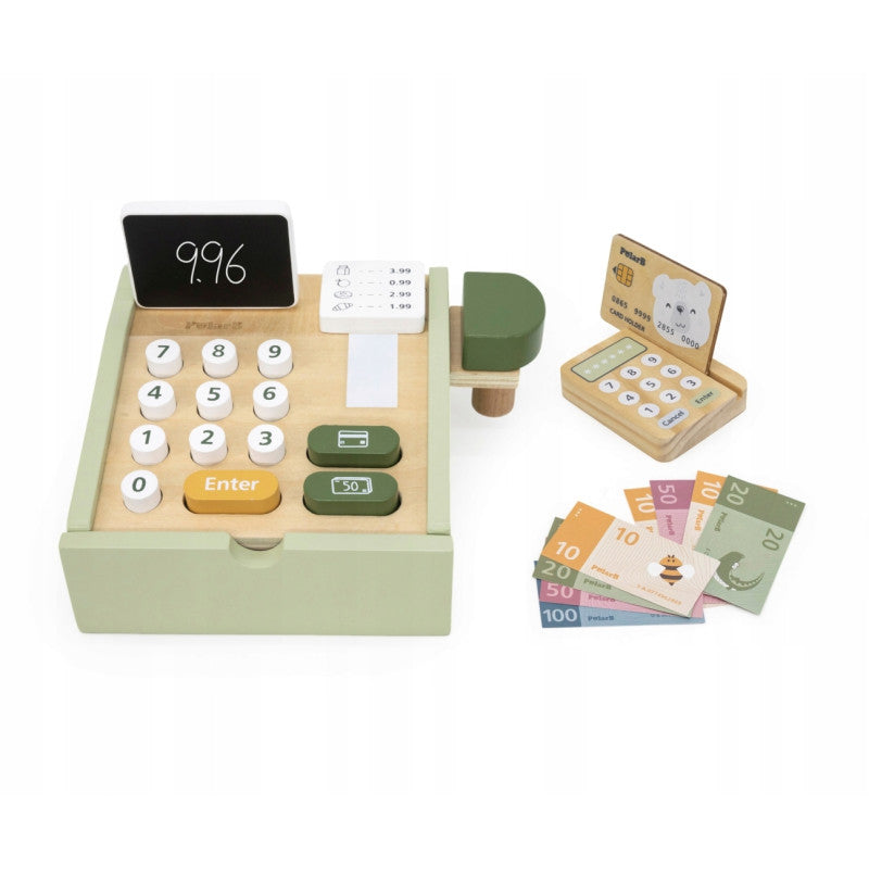 لعبة تسجيل نقدي خشبية من PolarB للأطفال، مجموعة دفع تظاهرية مع ماسح ضوئي وبطاقة ائتمان وعملات معدنية ولفة إيصال، لعبة تعليمية للعب الأدوار للأعمار من 3 سنوات فما فوق