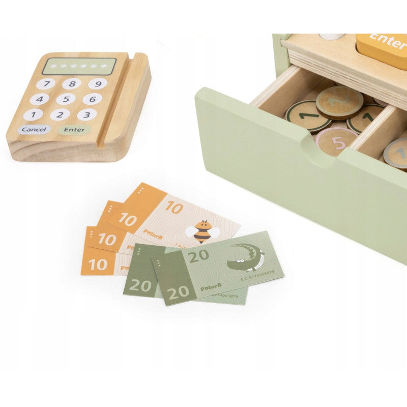 لعبة تسجيل نقدي خشبية من PolarB للأطفال، مجموعة دفع تظاهرية مع ماسح ضوئي وبطاقة ائتمان وعملات معدنية ولفة إيصال، لعبة تعليمية للعب الأدوار للأعمار من 3 سنوات فما فوق