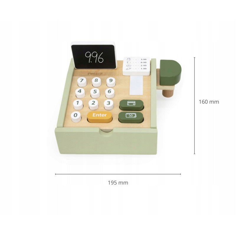 لعبة تسجيل نقدي خشبية من PolarB للأطفال، مجموعة دفع تظاهرية مع ماسح ضوئي وبطاقة ائتمان وعملات معدنية ولفة إيصال، لعبة تعليمية للعب الأدوار للأعمار من 3 سنوات فما فوق