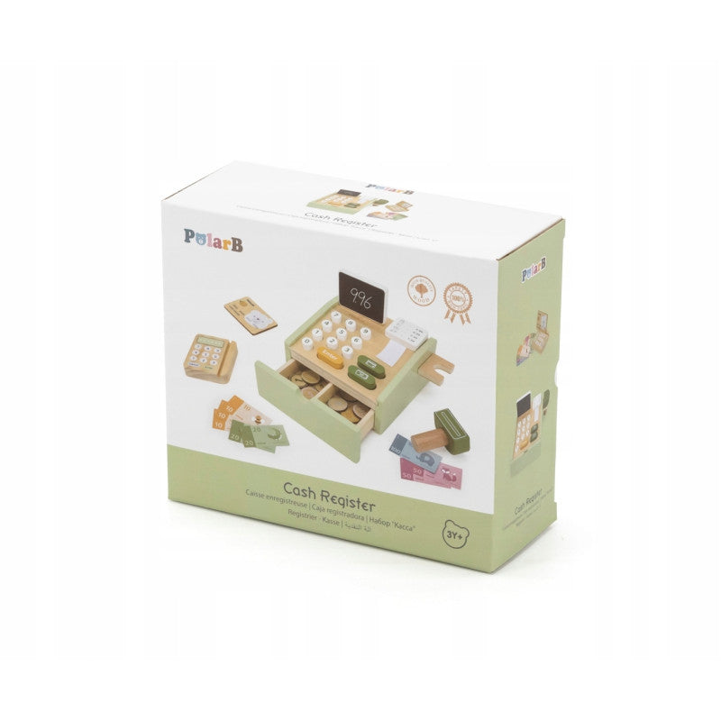 لعبة تسجيل نقدي خشبية من PolarB للأطفال، مجموعة دفع تظاهرية مع ماسح ضوئي وبطاقة ائتمان وعملات معدنية ولفة إيصال، لعبة تعليمية للعب الأدوار للأعمار من 3 سنوات فما فوق