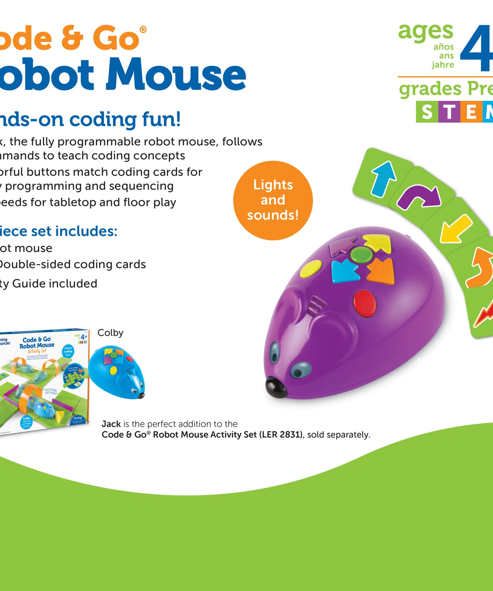 Learning Resources Code & Go Robot Mouse, Early STEM Coding Set for Kids Ages 4+, Hands-On Learning with Jack the Robot Mouse