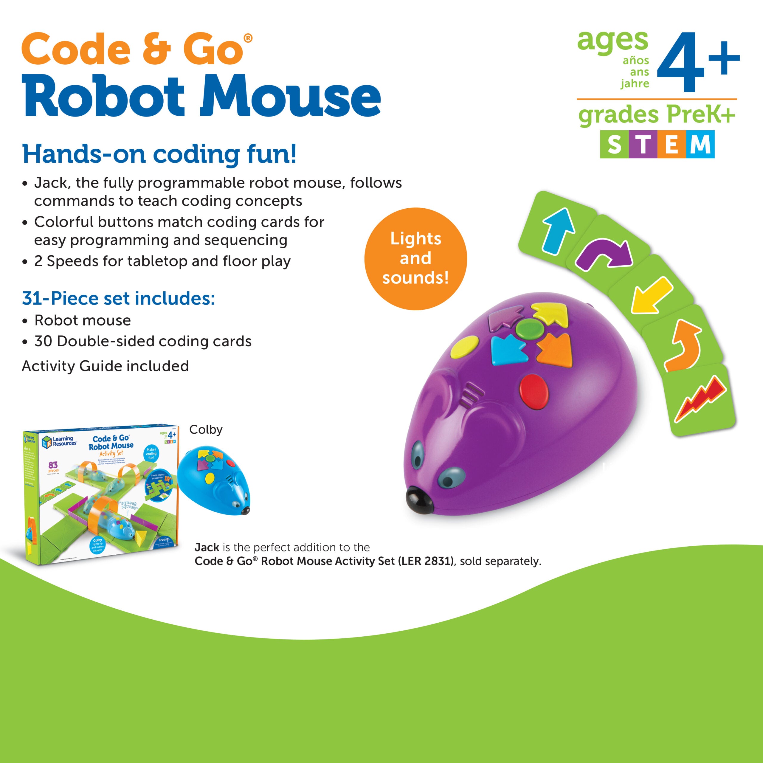 Learning Resources Code & Go Robot Mouse, Early STEM Coding Set for Kids Ages 4+, Hands-On Learning with Jack the Robot Mouse