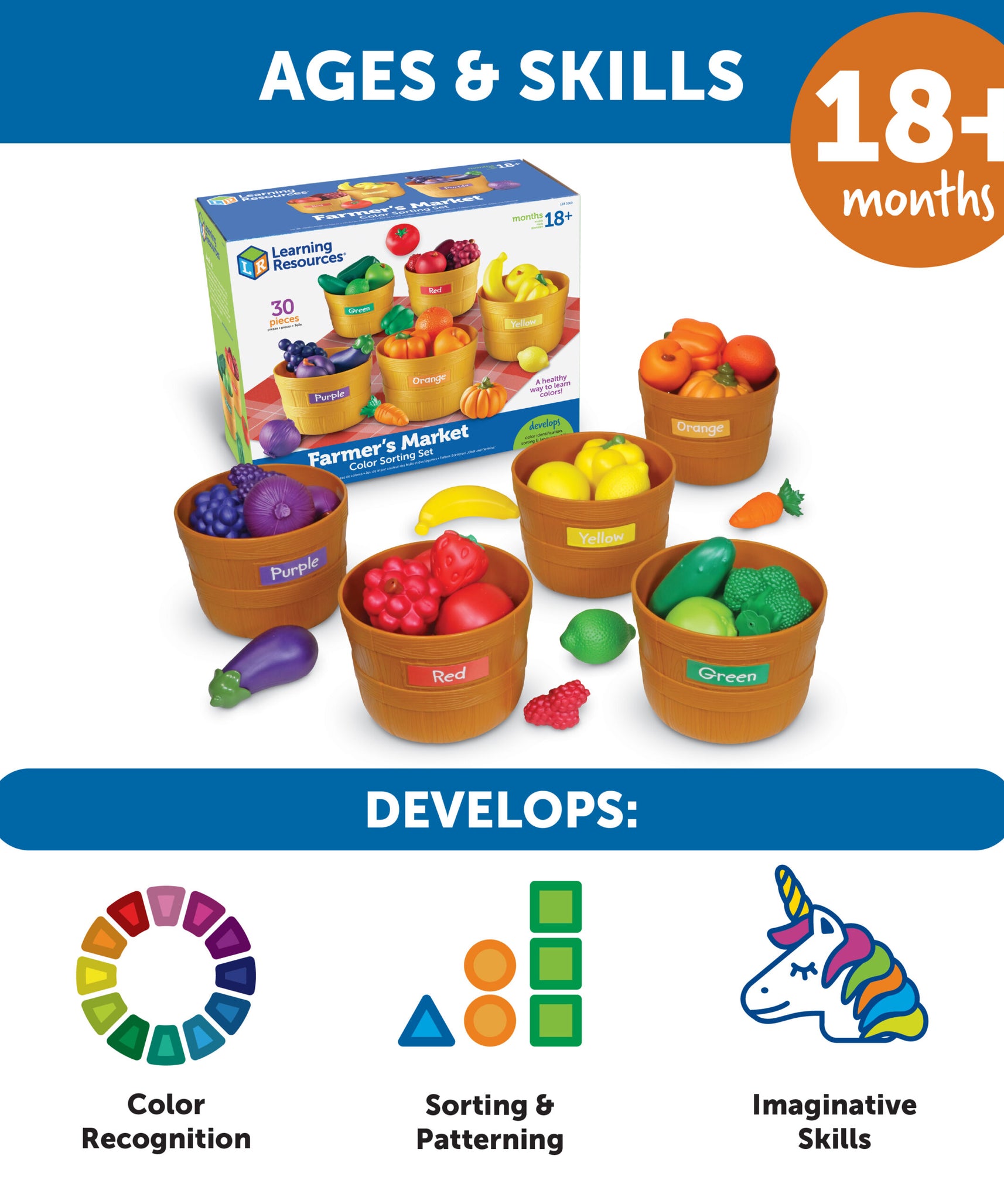 Learning Resources Farmer's Market Food Sorting Set, 25-Piece Toy Fruit & Vegetable Set for Role Play, Sorting, and Colour Recognition, Ideal for Kids Aged 3+