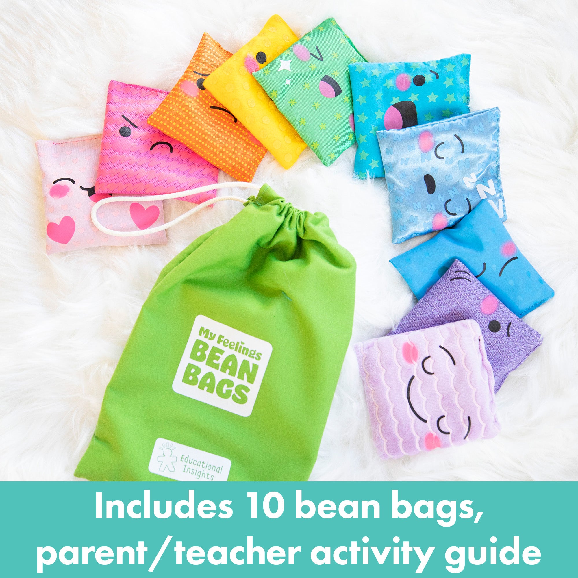 موارد التعلم أكياس الفاصولياء "مشاعري"، مجموعة من 10 أكياس فاصولياء للعواطف اللمسية، التعلم العاطفي الاجتماعي للأطفال، يطور المفردات والمهارات الحركية والوعي الحسي، يتضمن دليل الأنشطة وحقيبة التخزين، للأعمار من 3 سنوات فما فوق