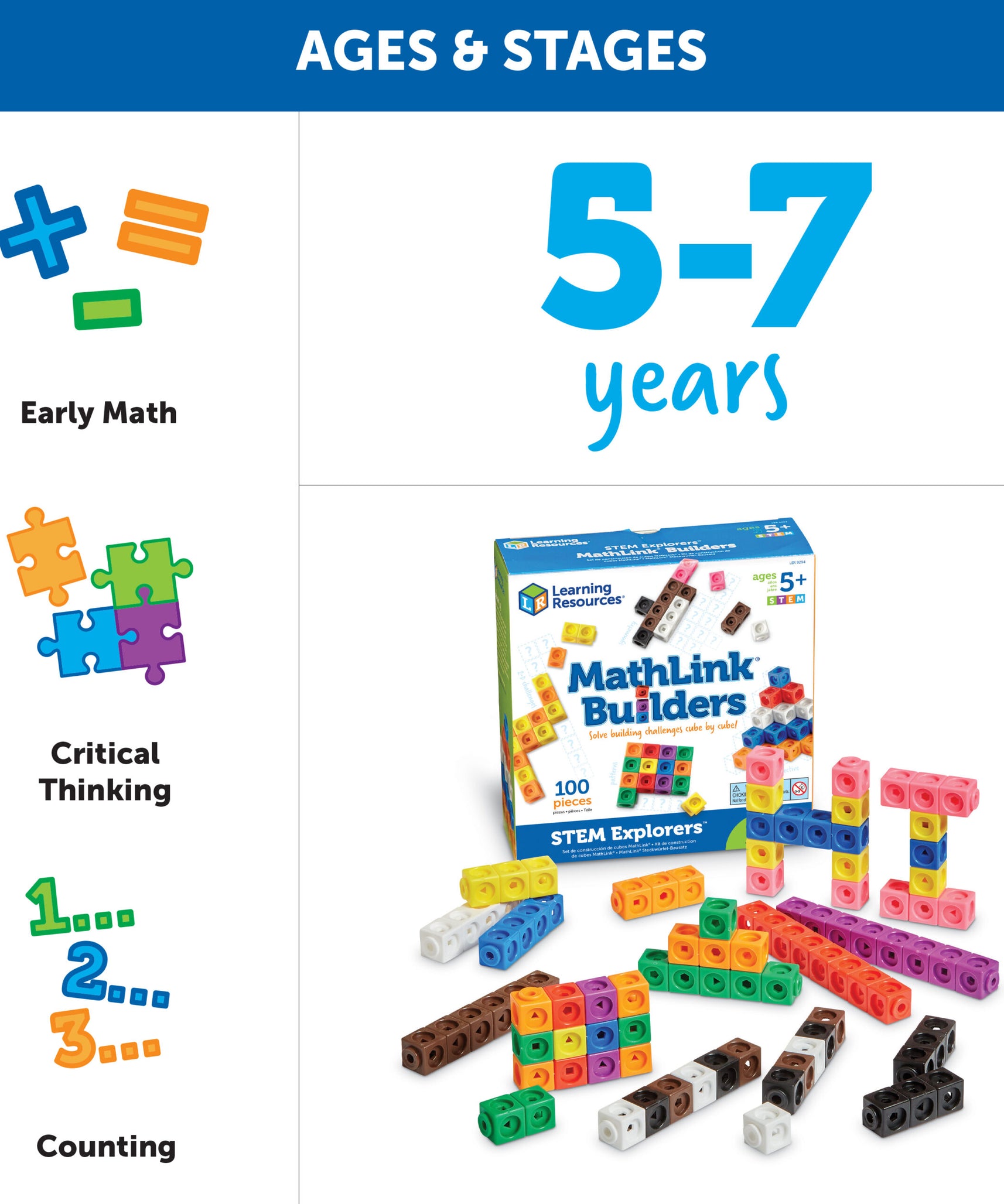 لعبة العد التعليمية MathLink Cubes من Learning Resources، مجموعة بناء STEM مع 100 مكعب و10 تحديات، تُعلّم الرياضيات المبكرة ومهارات حل المشكلات، للأعمار من 5 سنوات فما فوق