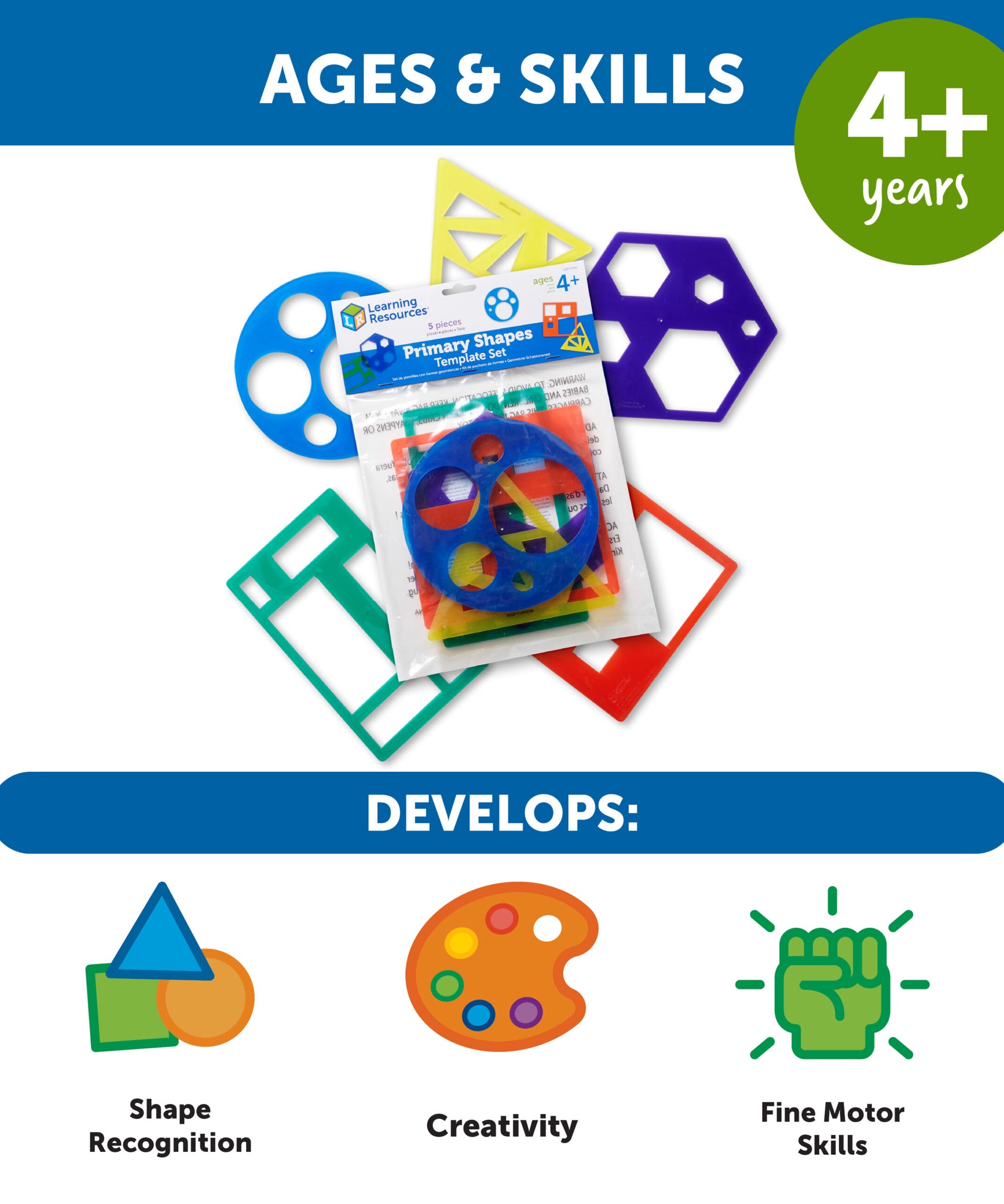 مجموعة قوالب الأشكال الأساسية من Learning Resources، 5 قوالب هندسية، مناسبة للأعمار من 4 سنوات فما فوق، تعلم عملي للأشكال ثنائية الأبعاد