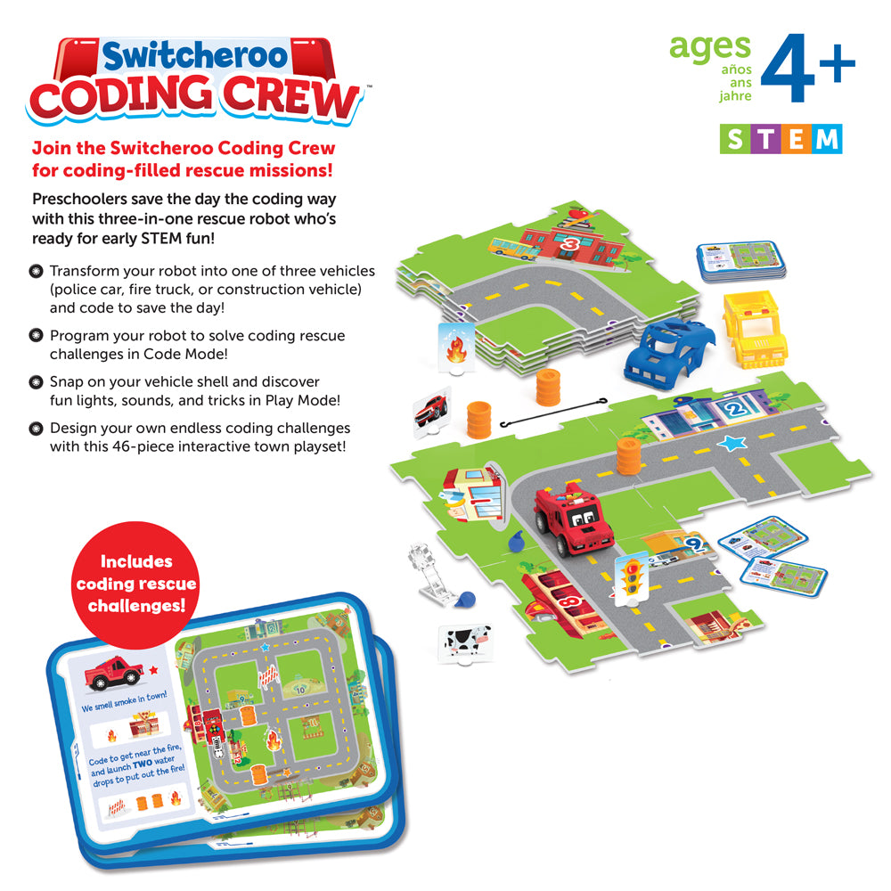 Learning Resources Switcheroo Coding Crew, 3-in-1 Screen-Free Coding Robot for Kids, Preschool STEM Toy with Interchangeable Vehicle Shells and Rescue Missions, Ages 4+