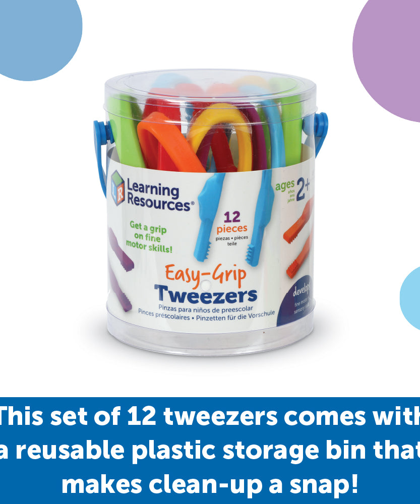 Learning Resources Easy-Grip Tweezers for Kids, Fine Motor Skill Development Tools for Preschool and Sensory Play, Set of 12 with Storage Tub, Ages 2 Plus