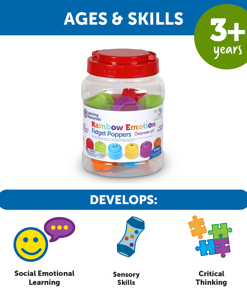 مجموعة أدوات فيدجيت بوبرز من مجموعة Rainbow Emotions من Learning Resources، مكونة من 24 أداة حسية قابلة للتكديس مع وجوه تعبيرية، تتضمن وعاء تخزين، مناسبة للأعمار من 3 سنوات فما فوق