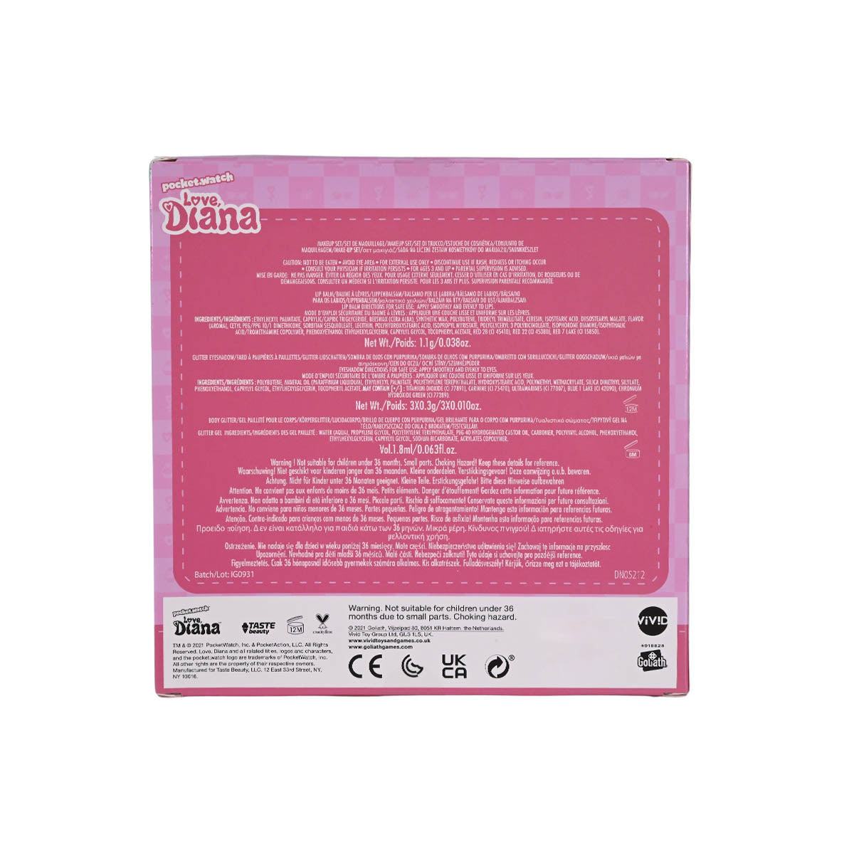 مجموعة مكياج لوف ديانا مع مرطب شفاه، ظلال عيون، علبة بريق، مشابك شعر وعصابة رأس على شكل آذان قطة، مجموعة مكياج تظاهري للأطفال من سن 3 سنوات فما فوق