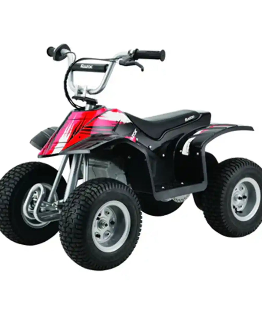 دراجة Razor Dirt Quad الكهربائية رباعية العجلات، بقوة 24 فولت، مناسبة للأطفال من سن 8 سنوات فما فوق، مزودة بخانق دوار، وفرامل قرصية يدوية، وإطارات هوائية 12 بوصة - تصل سرعتها إلى 8 أميال في الساعة، ومدة ركوبها 40 دقيقة.