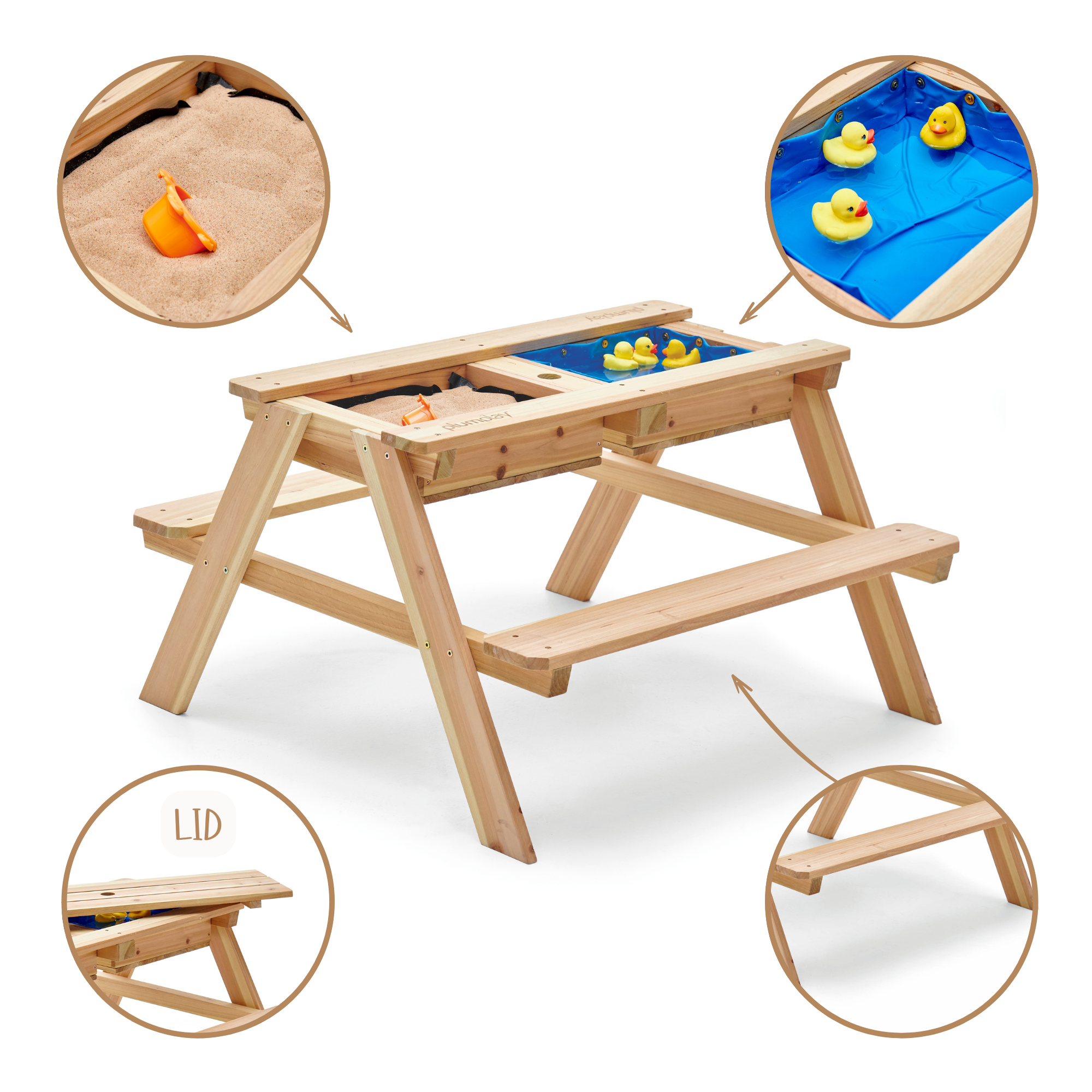 طاولة نزهة خشبية من Plum Surfside للرمل والماء، طاولة متينة 3 في 1 للعب في الهواء الطلق وفي الفناء الخلفي، طاولة لعب أنشطة صيفية مناسبة للأطفال من الأولاد والبنات من سن 18 شهرًا فما فوق
