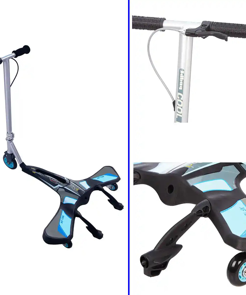 سكوتر JD Bug Cool Carver ثلاثي العجلات أزرق، هيكل معدني قابل للطي، عجلة أمامية من البولي يوريثان مقاس 5 بوصات، عجلات خلفية دوارة مقاس 3 بوصات، سعة تحميل 65 كجم، مناسب للأعمار من 5 سنوات فما فوق، سكوتر للأطفال