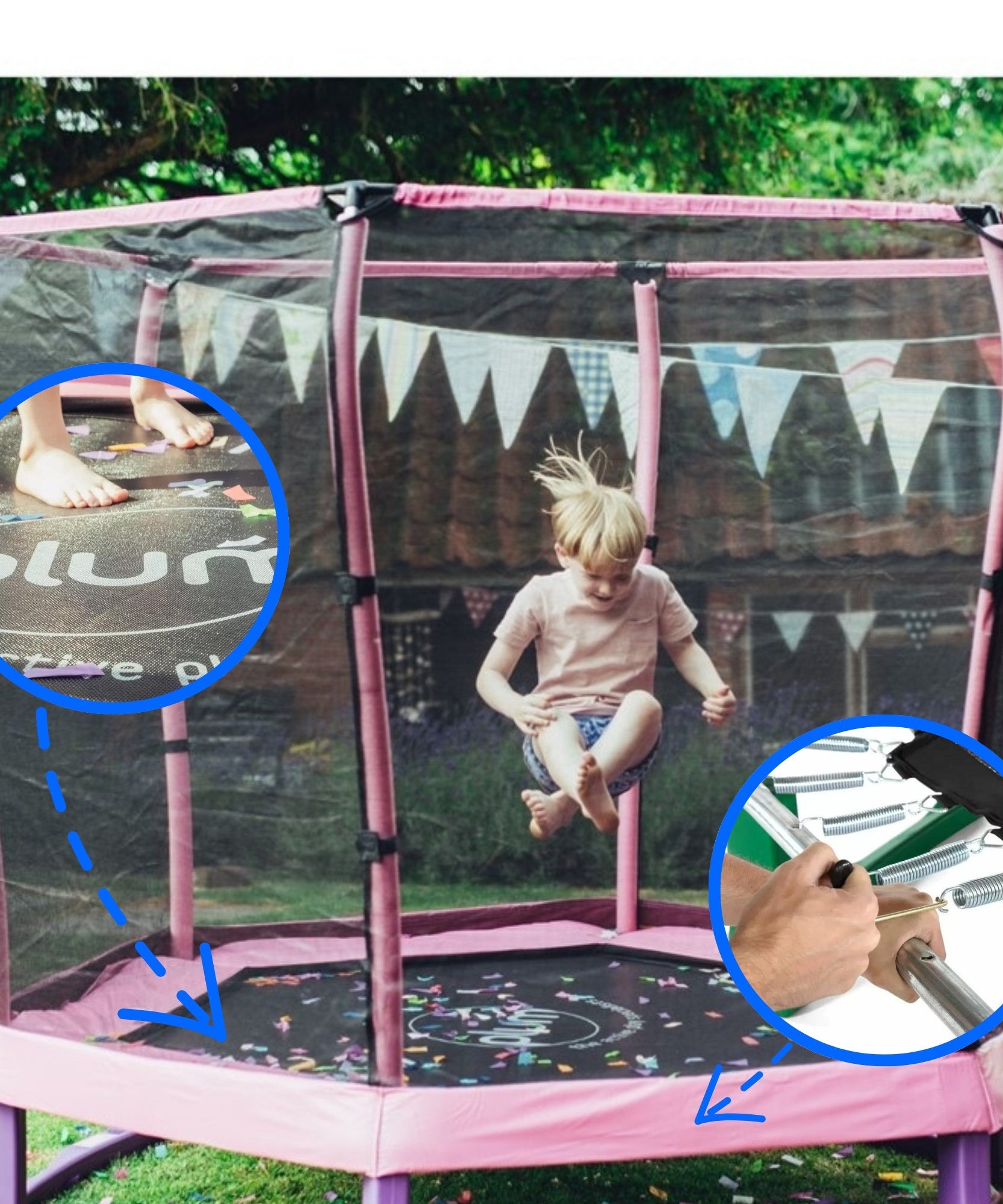ترامبولين بلام جونيور جامبر بطول 7 أقدام مع سياج وشبكة أمان ووسادة إسفنجية للحماية، لعبة ترفيهية خارجية مستقرة مع حماية من الأشعة فوق البنفسجية والصدأ والطقس، مناسبة للأطفال من سن 3 سنوات فما فوق، لون وردي