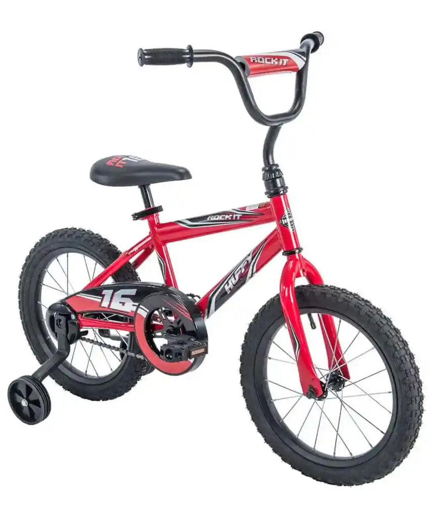 دراجة هافي روك إت إيزي بيلد للأطفال، لون أحمر، للأولاد والبنات، مزودة بعجلات تدريب، وإطار فولاذي، وفرامل كوستر