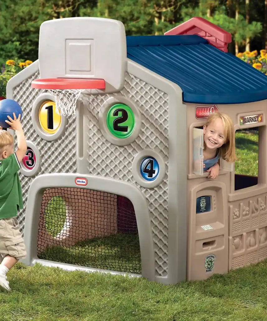 Little Tikes Town Playhouse, 4-in-1 Role Play Zones, Durable Indoor & Outdoor Playhouse with Garage, Market, School & Sports Wall, Ages 18 Months+