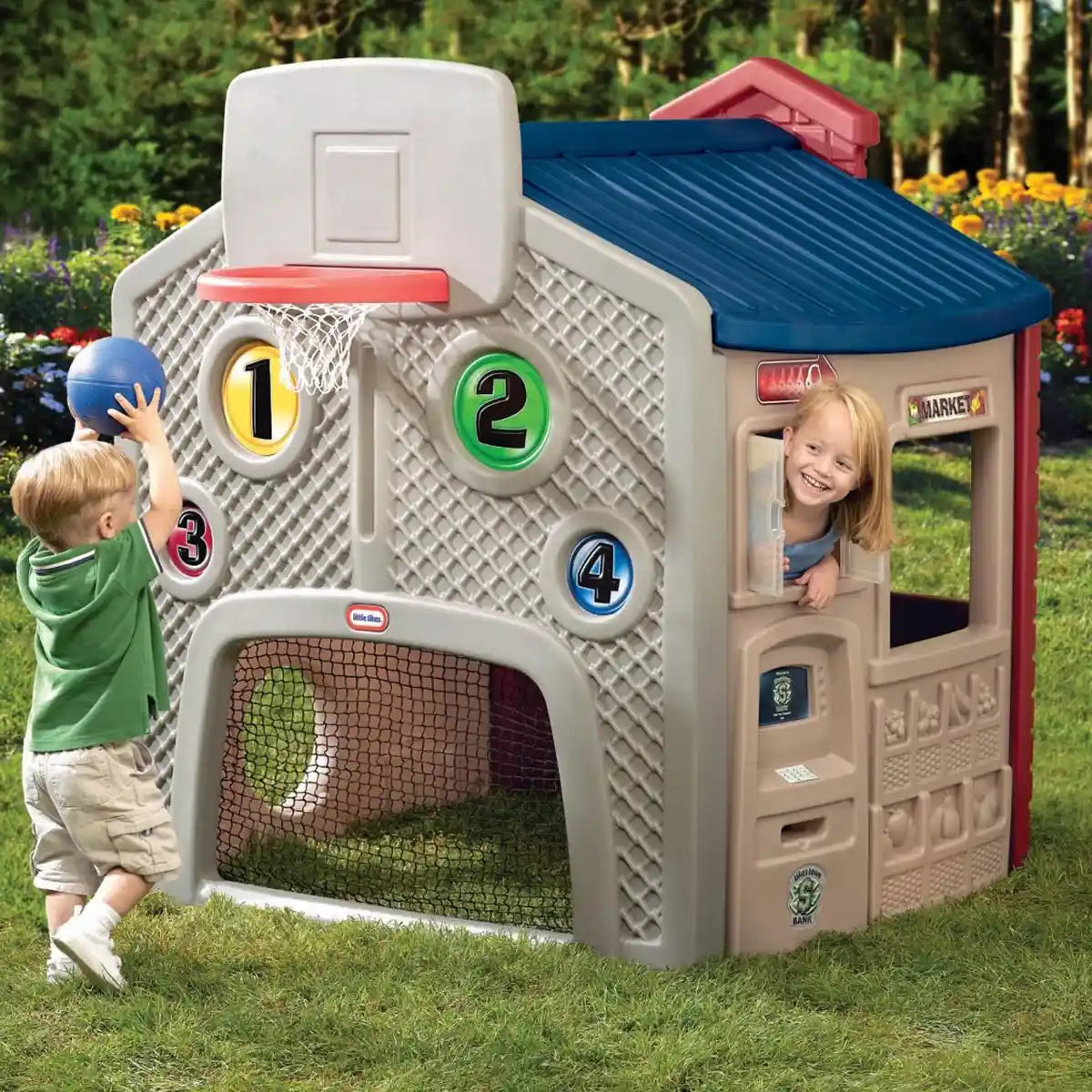 Little Tikes Town Playhouse, 4-in-1 Role Play Zones, Durable Indoor & Outdoor Playhouse with Garage, Market, School & Sports Wall, Ages 18 Months+