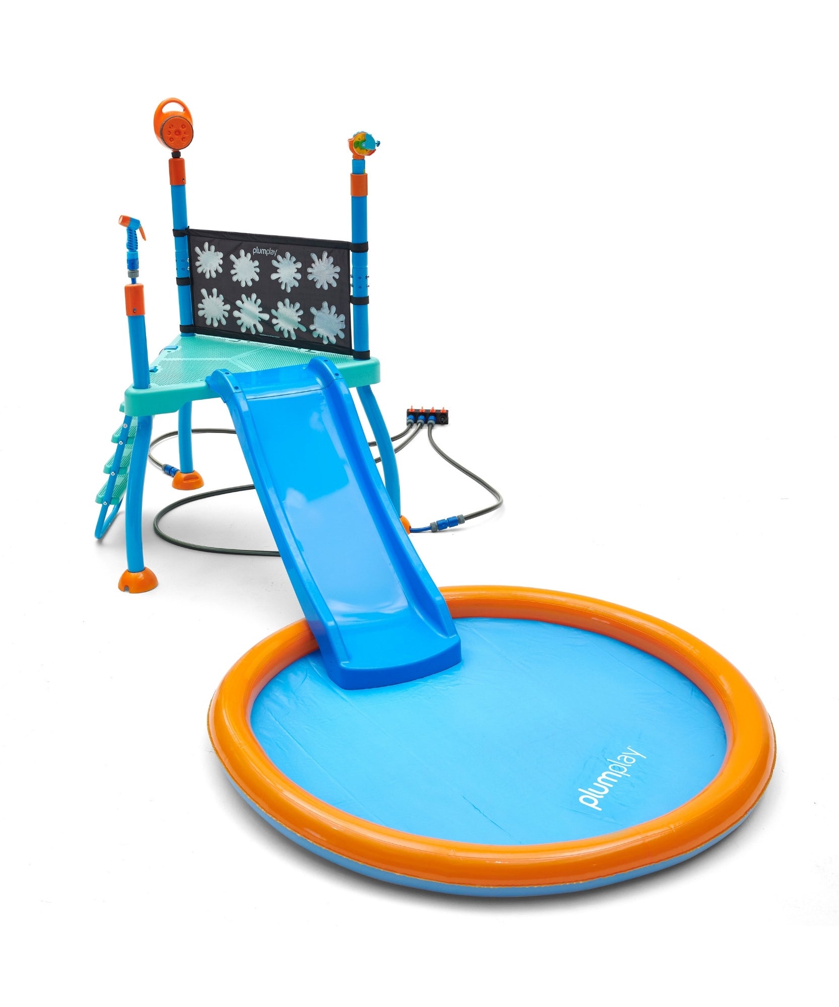 محطة رش المياه من بلام ووتر بارك، لعبة صيفية خارجية للعب بالماء في الفناء الخلفي مع زلاجة مائية بطول 4 أقدام، ووسادة رش، ومنفاخ فقاعات، وحائط كاشف، وملحقات رشاش مياه، مناسبة للأطفال من سن 3 سنوات فما فوق