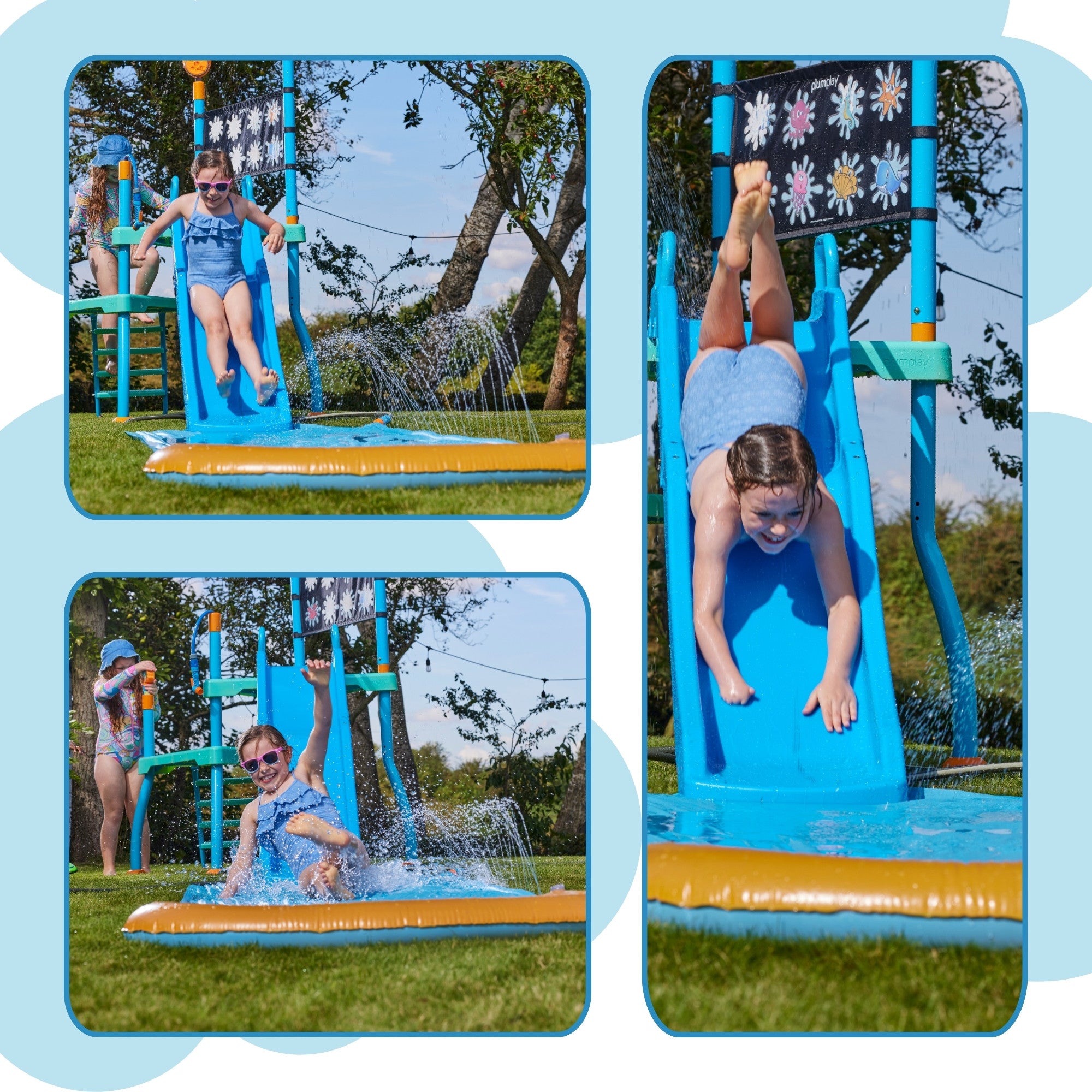 Plum Water Park Shower Tower, Summer Outdoor Water Play Backyard Toy with 6ft Water Slide, 3m Chute, Bubble Blower, Colour Revealing Wall and Water Sprinkler Accessories, for Children 3 Years +