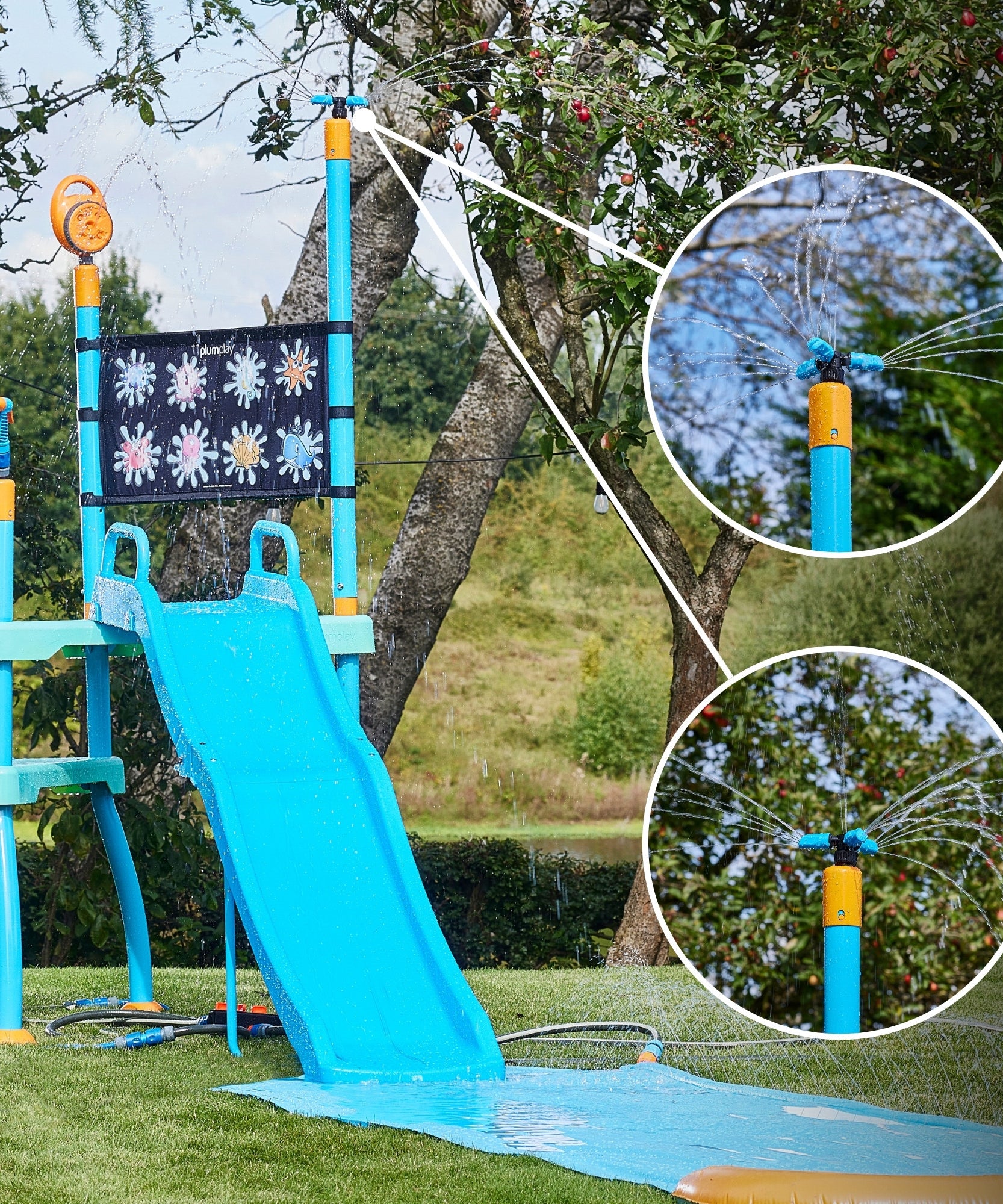 Plum Water Park Shower Tower, Summer Outdoor Water Play Backyard Toy with 6ft Water Slide, 3m Chute, Bubble Blower, Colour Revealing Wall and Water Sprinkler Accessories, for Children 3 Years +