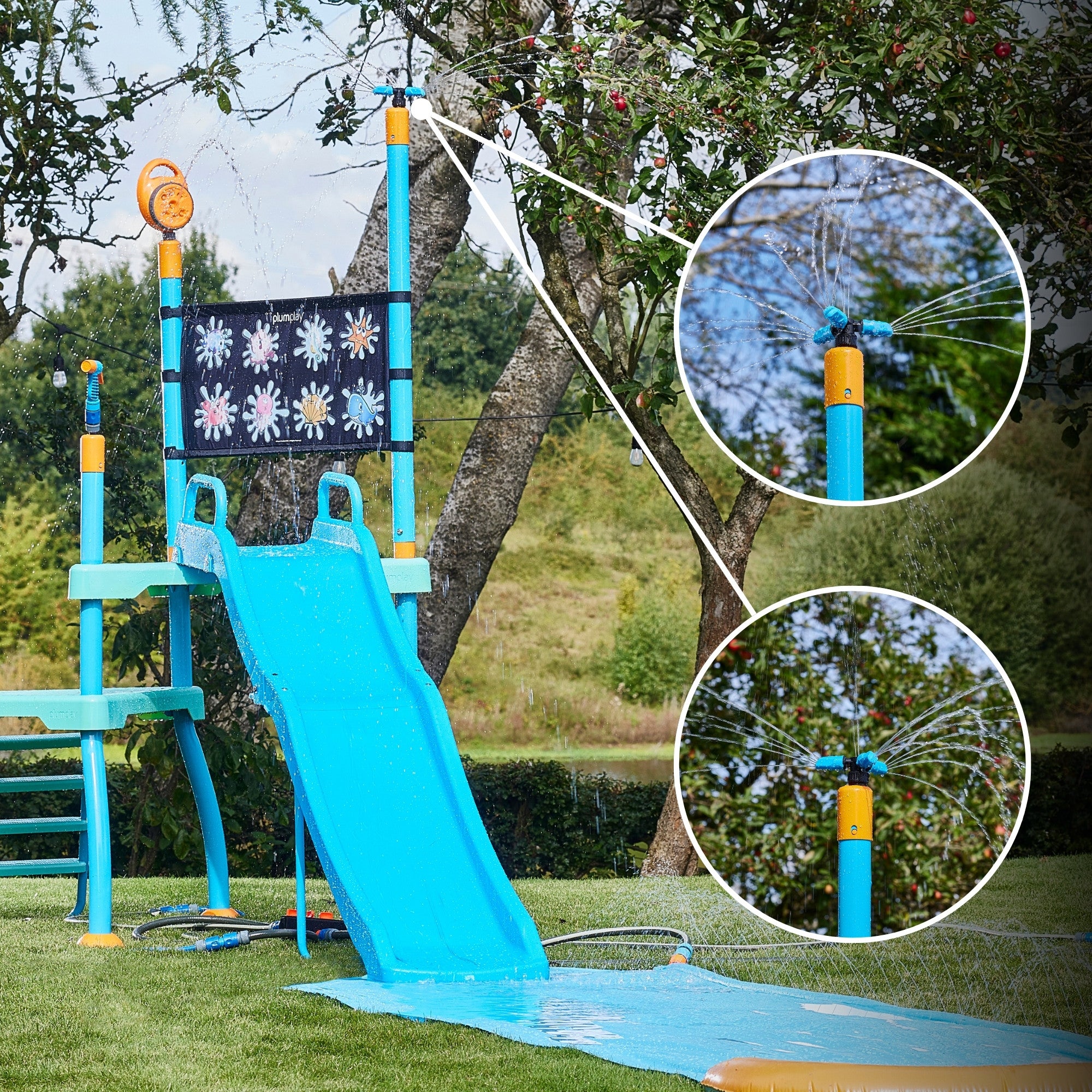 Plum Water Park Shower Tower, Summer Outdoor Water Play Backyard Toy with 6ft Water Slide, 3m Chute, Bubble Blower, Colour Revealing Wall and Water Sprinkler Accessories, for Children 3 Years +