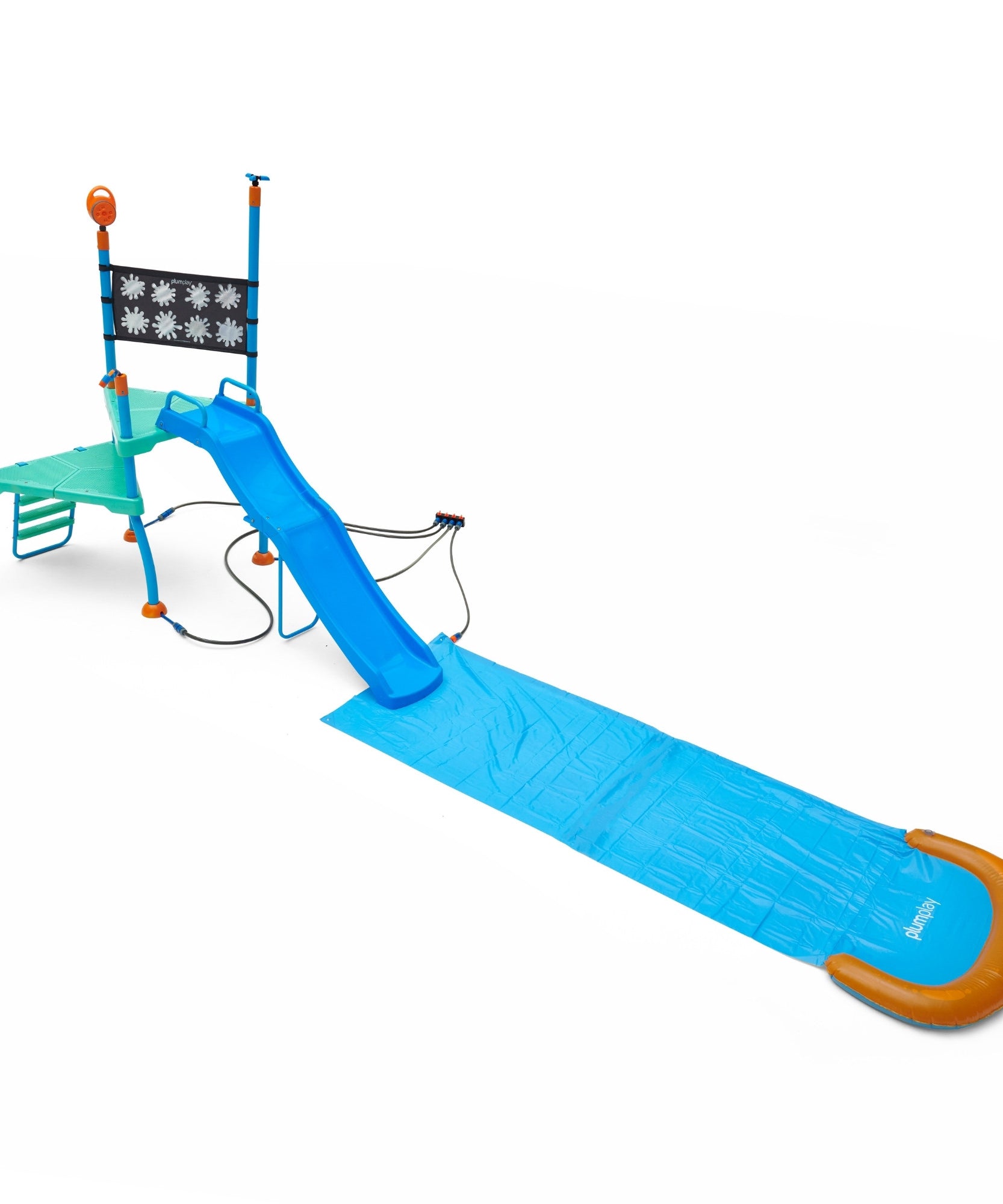 Plum Water Park Shower Tower, Summer Outdoor Water Play Backyard Toy with 6ft Water Slide, 3m Chute, Bubble Blower, Colour Revealing Wall and Water Sprinkler Accessories, for Children 3 Years +