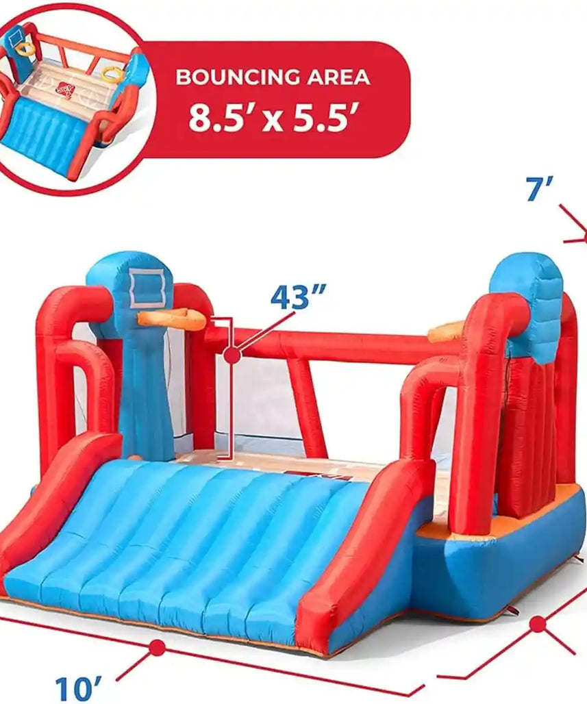 منزل قفز قابل للنفخ للأطفال من ستيب 2 ماكس سبورتس، مزود بمنفاخ هواء شديد التحمل، مصنوع من الفينيل، باللون الأزرق، مناسب لملعب كرة السلة الخارجي، مناسب للأعمار من 3 سنوات فما فوق، مناسب لحفلات أعياد الميلاد