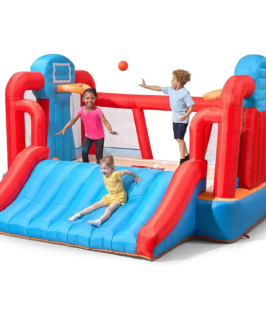 منزل قفز قابل للنفخ للأطفال من ستيب 2 ماكس سبورتس، مزود بمنفاخ هواء شديد التحمل، مصنوع من الفينيل، باللون الأزرق، مناسب لملعب كرة السلة الخارجي، مناسب للأعمار من 3 سنوات فما فوق، مناسب لحفلات أعياد الميلاد