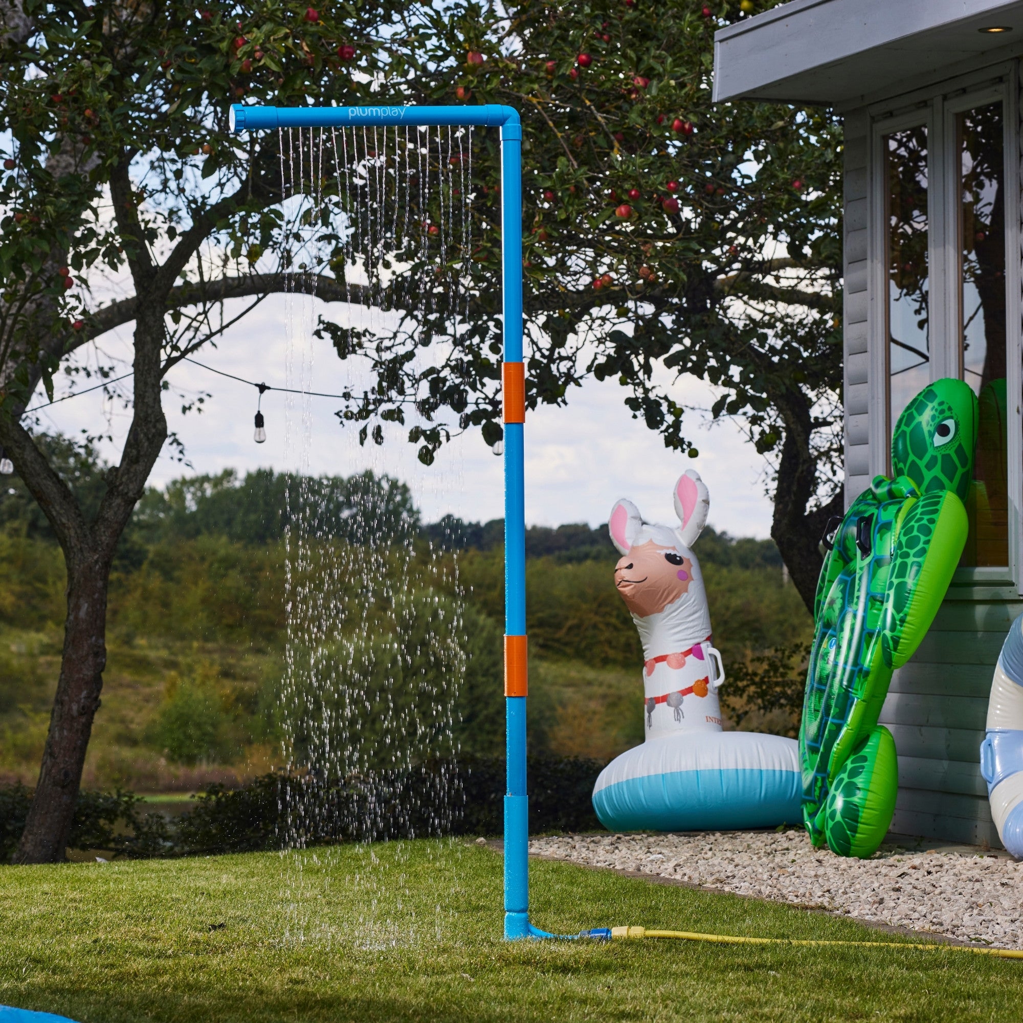 Plum Water Park Rain Wall with Height Adjustable Pole, Convenient and Easy to Store Summer Outdoor Water Play Backyard Toy, Suitable for Children 3 Years +, Blue