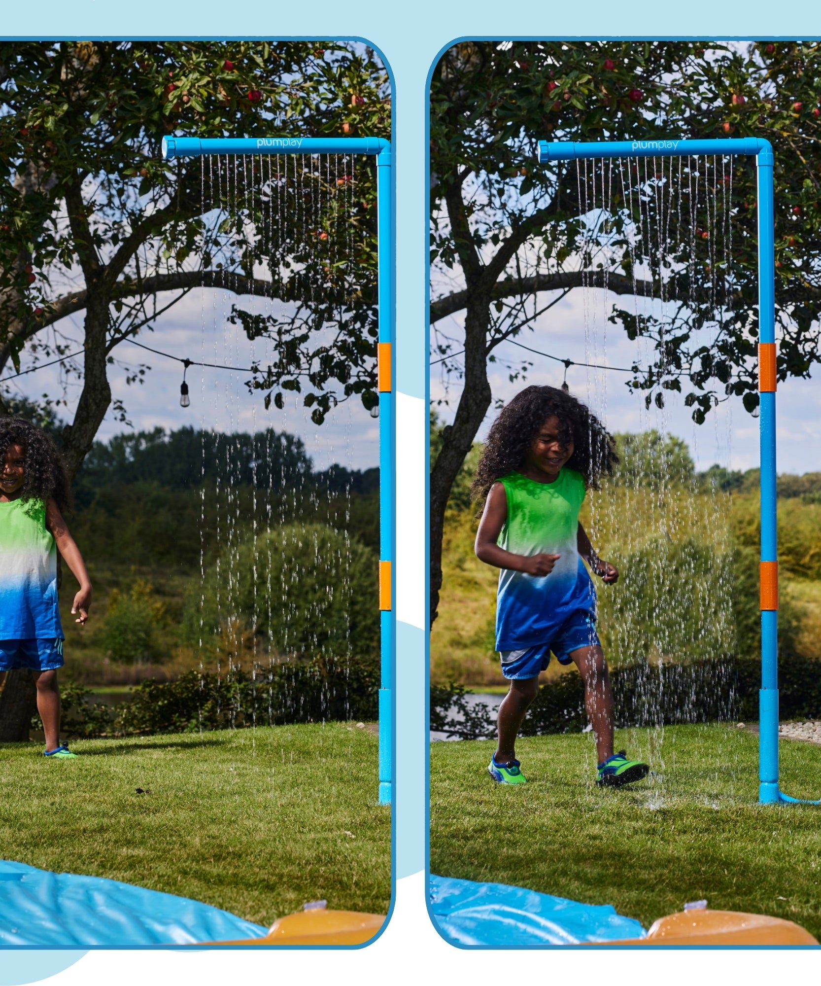 Plum Water Park Rain Wall with Height Adjustable Pole, Convenient and Easy to Store Summer Outdoor Water Play Backyard Toy, Suitable for Children 3 Years +, Blue