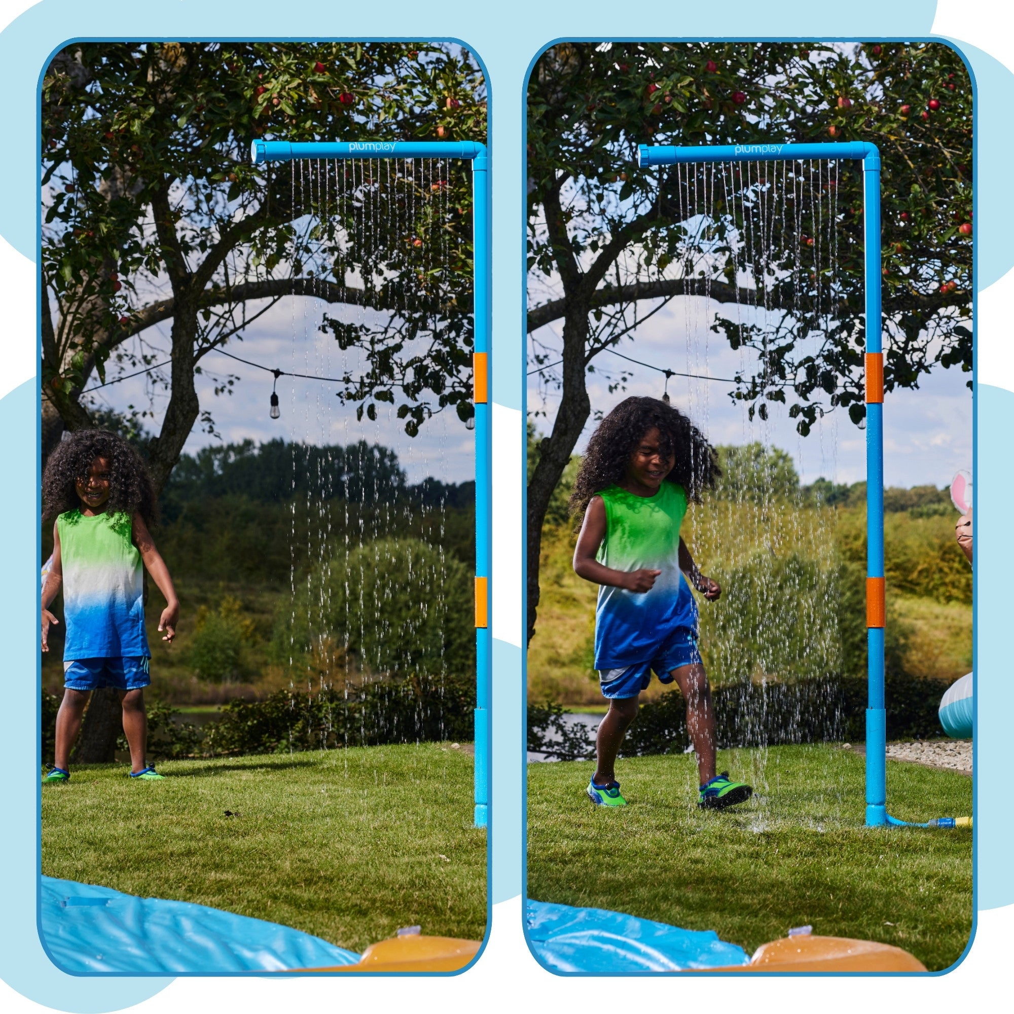 Plum Water Park Rain Wall with Height Adjustable Pole, Convenient and Easy to Store Summer Outdoor Water Play Backyard Toy, Suitable for Children 3 Years +, Blue