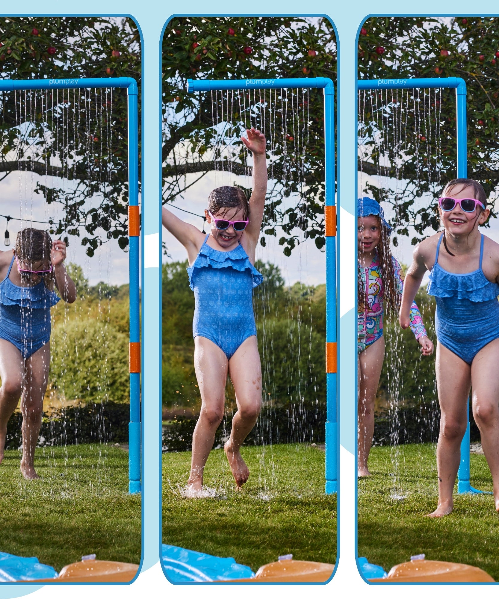 Plum Water Park Rain Wall with Height Adjustable Pole, Convenient and Easy to Store Summer Outdoor Water Play Backyard Toy, Suitable for Children 3 Years +, Blue