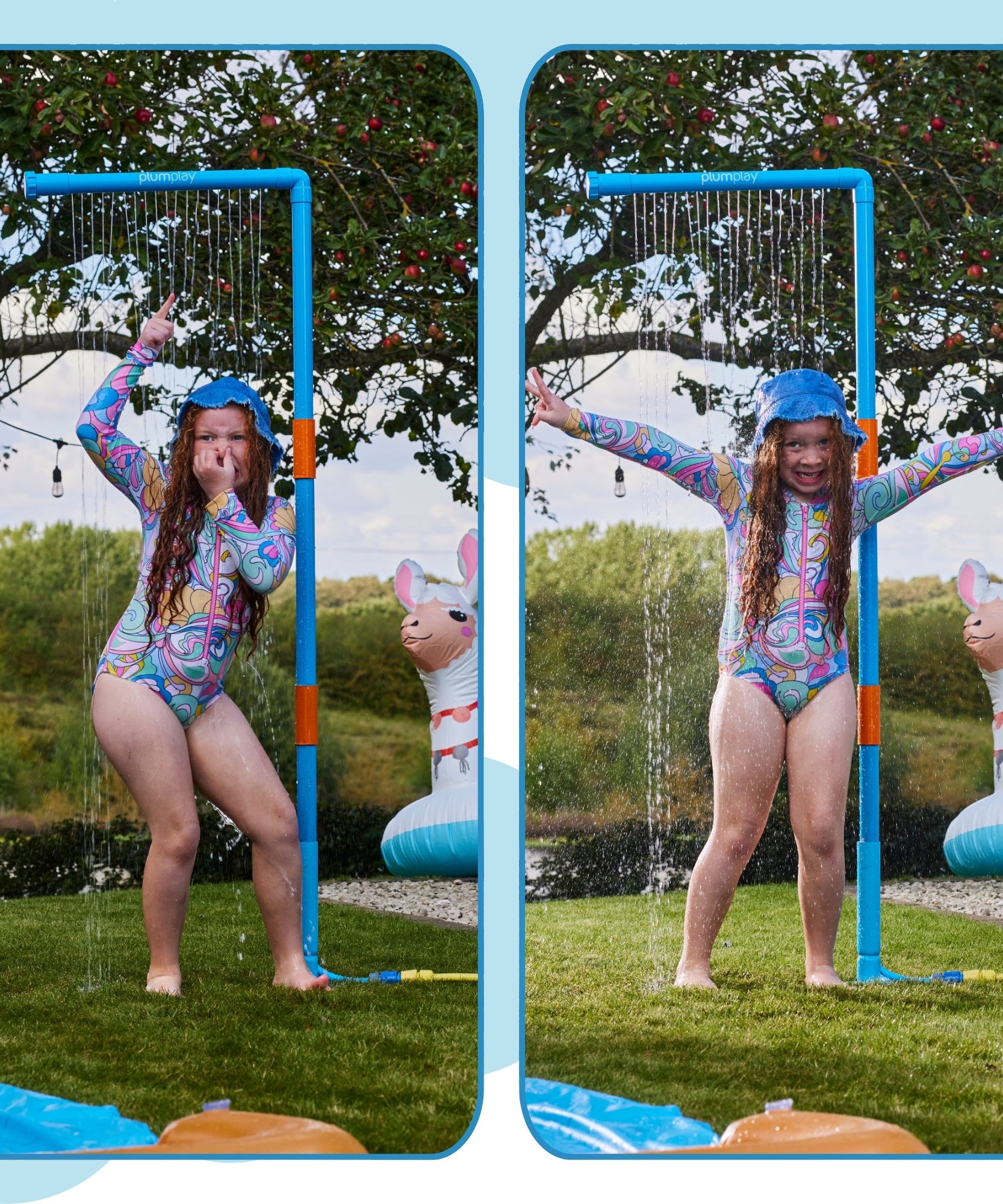 Plum Water Park Rain Wall with Height Adjustable Pole, Convenient and Easy to Store Summer Outdoor Water Play Backyard Toy, Suitable for Children 3 Years +, Blue