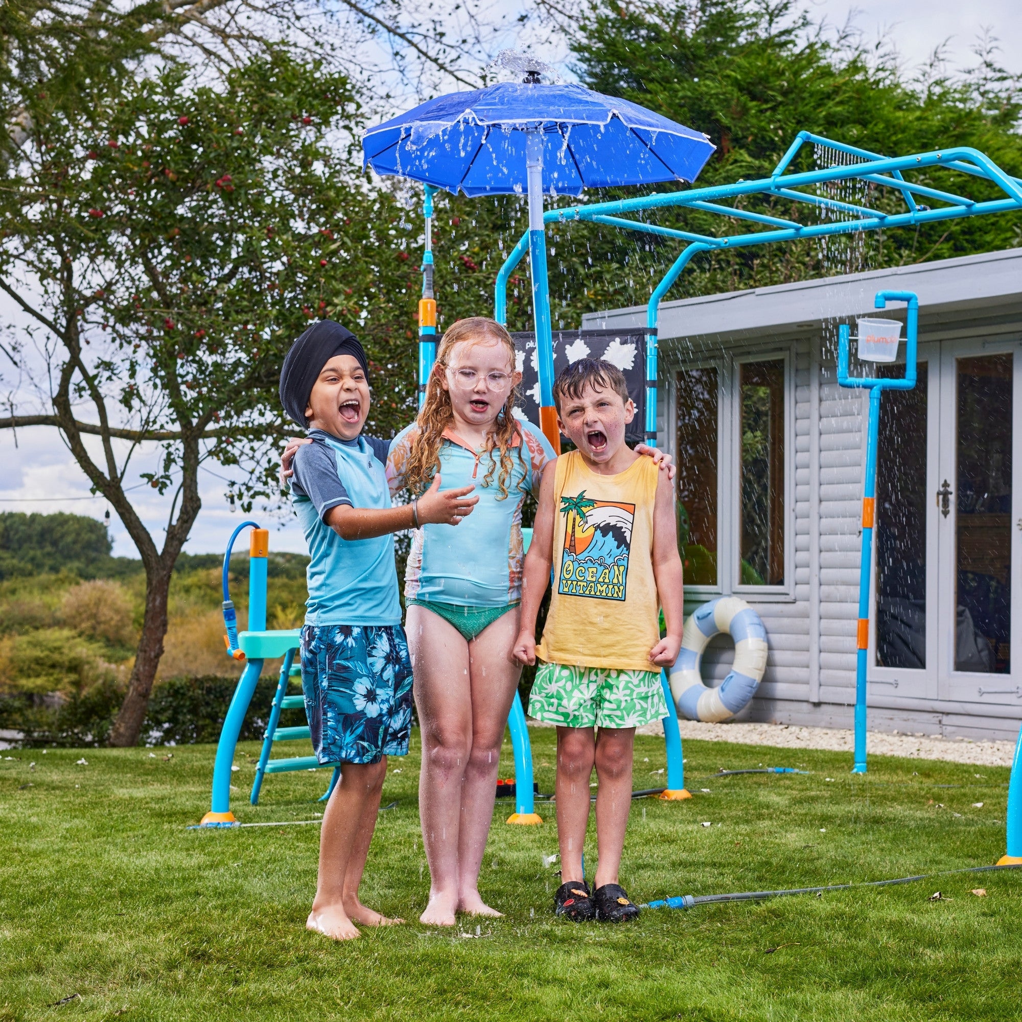 Plum Water Park Umbrella Fountain with Height Adjustable Pole, Convenient and Easy to Store Summer Outdoor Water Play Backyard Toy, Suitable for Children 3 Years +, Blue