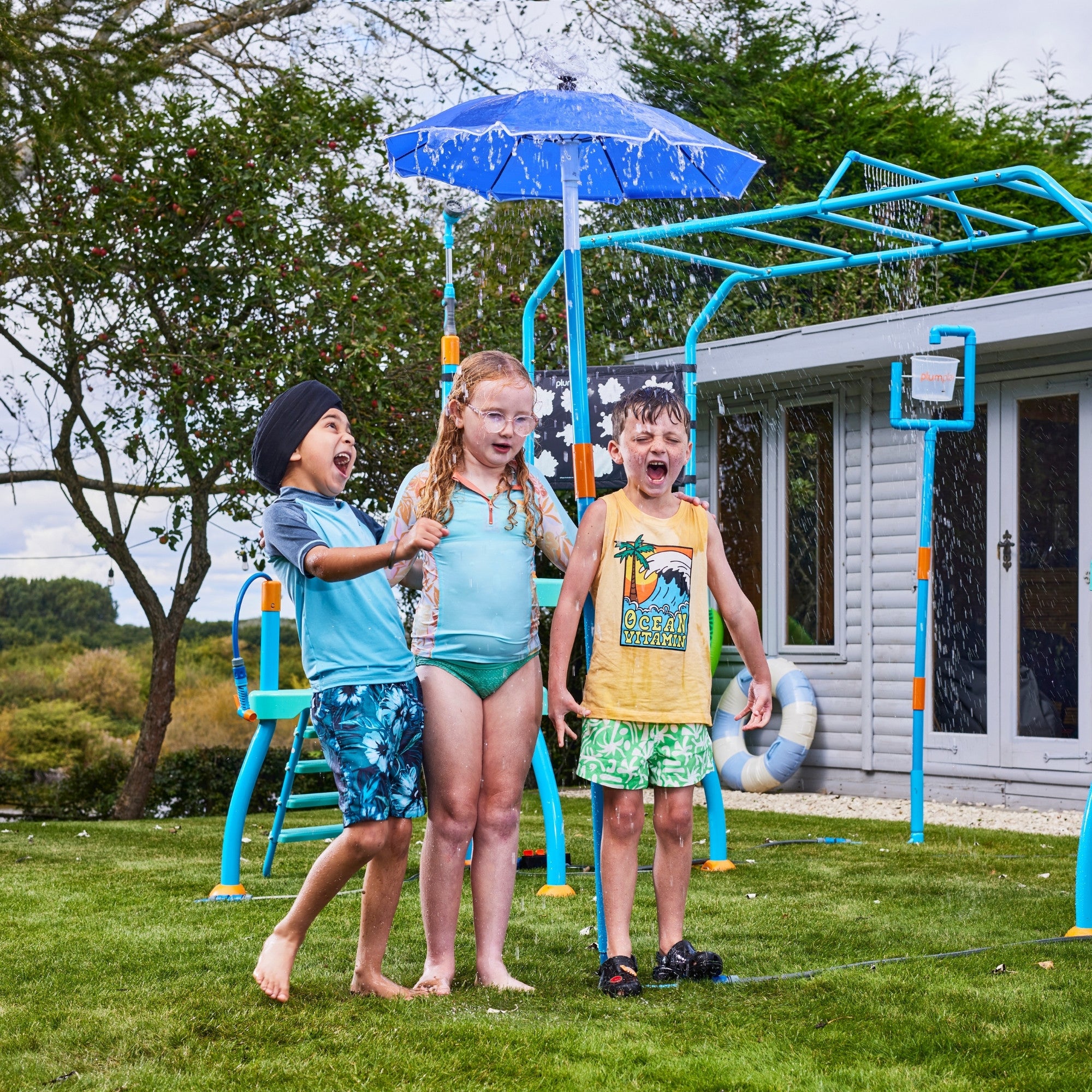 Plum Water Park Umbrella Fountain with Height Adjustable Pole, Convenient and Easy to Store Summer Outdoor Water Play Backyard Toy, Suitable for Children 3 Years +, Blue