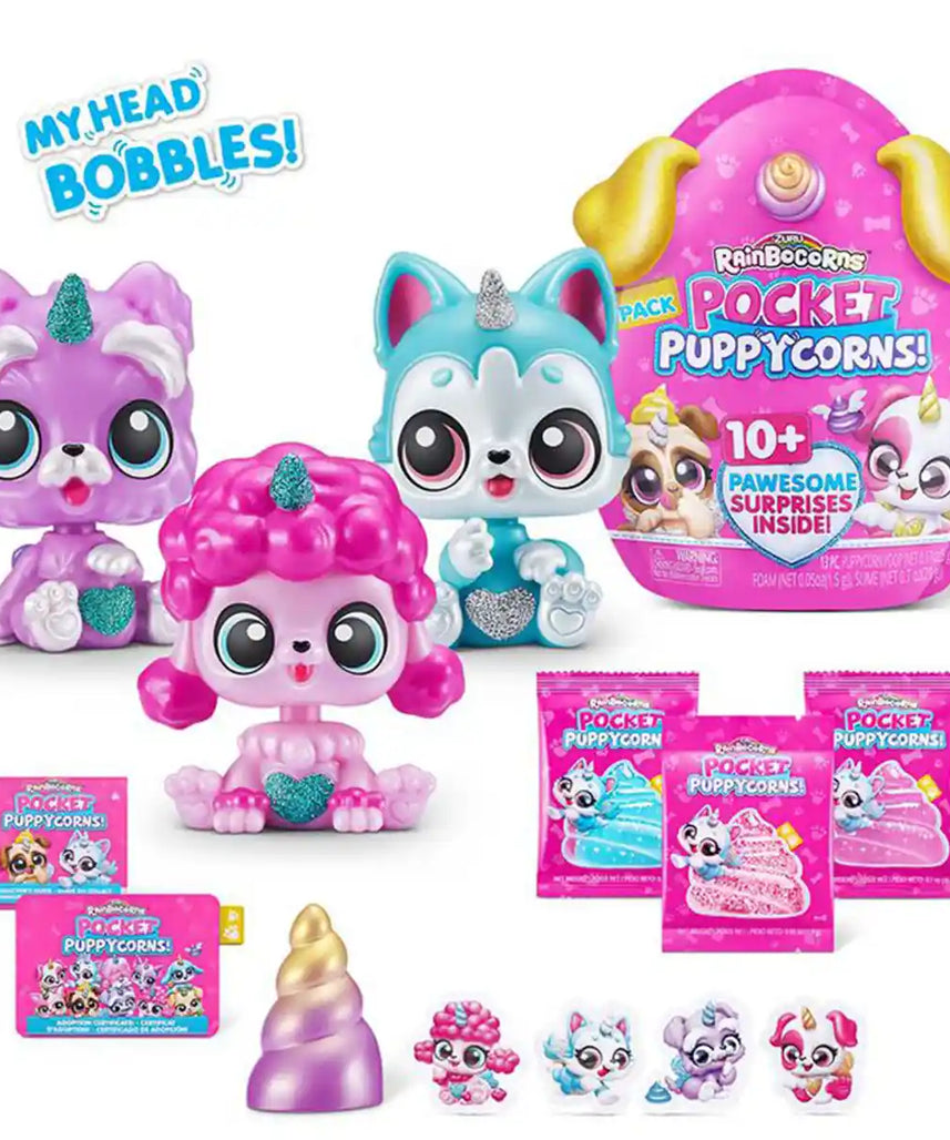 دمية رينبوكورن بوكيت بابي كورن سربرايز S1 بوبل هيد، لعبة قطيفة قابلة للتجميع مع 10 مفاجآت ممتعة، سلايم صغير، ملصقات وغطاء قلم رصاص، هدية للأطفال من سن 3 سنوات فما فوق
