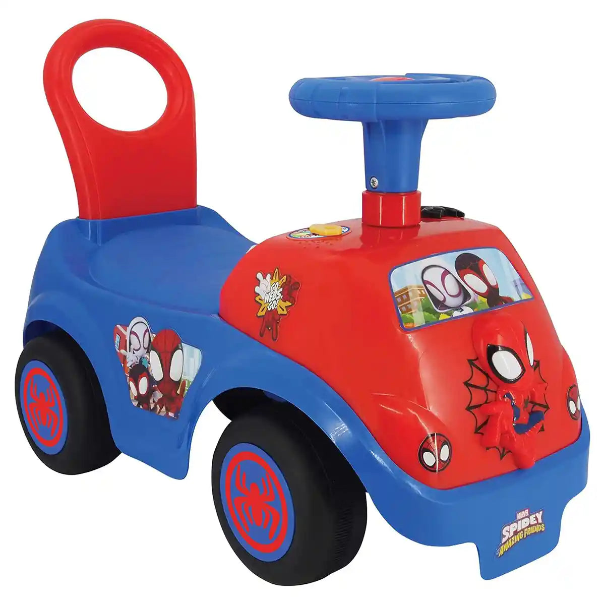 سيارة ركوب سبايدي تيم من كيديلاند، سيارة أنشطة للأطفال الصغار، أضواء وامضة، لوحة تحكم تفاعلية، لعبة سبايدرمان من مارفل، سيارة ركوب كبيرة للأطفال