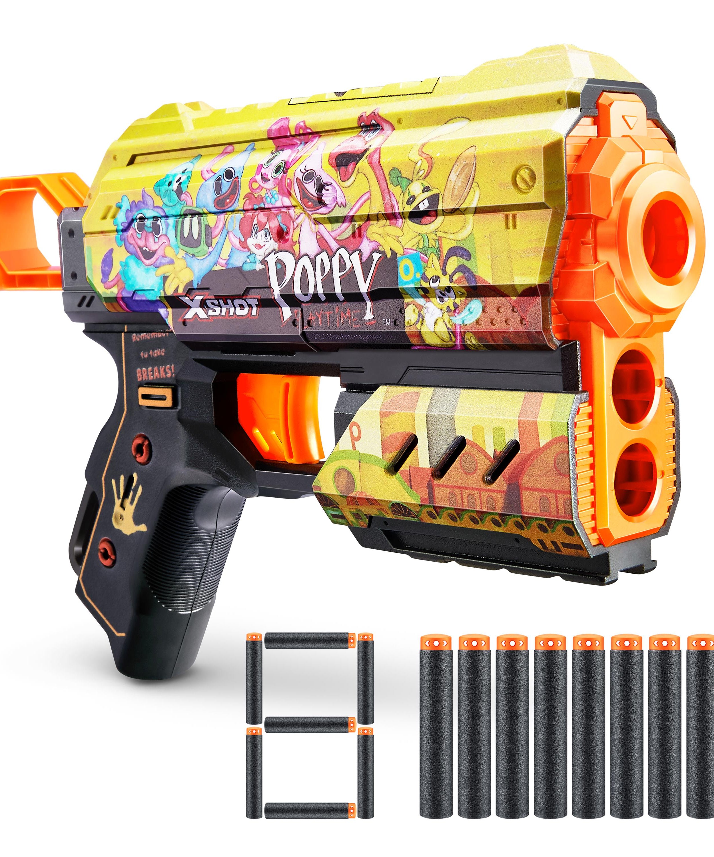 XSHOT Skins Flux, Poppy Playtime Jumpscare Edition (8 Darts), Foam Dart Blaster with Air Pocket Dart Technology, Shoots up to 27m, Collectible Toy Gun for Kids Ages 8+, Boys, Girls, Teens