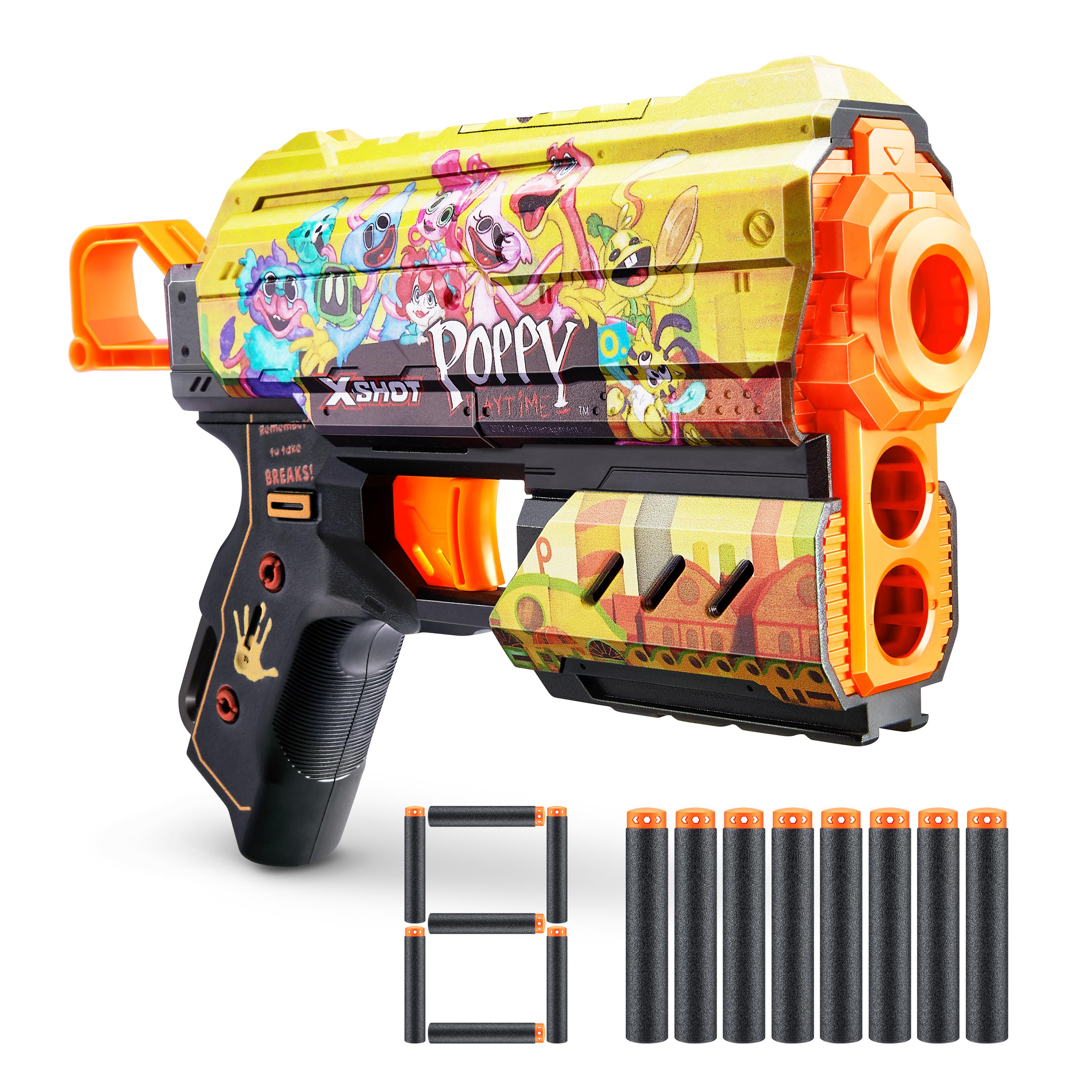 XSHOT Skins Flux, Poppy Playtime Jumpscare Edition (8 Darts), Foam Dart Blaster with Air Pocket Dart Technology, Shoots up to 27m, Collectible Toy Gun for Kids Ages 8+, Boys, Girls, Teens