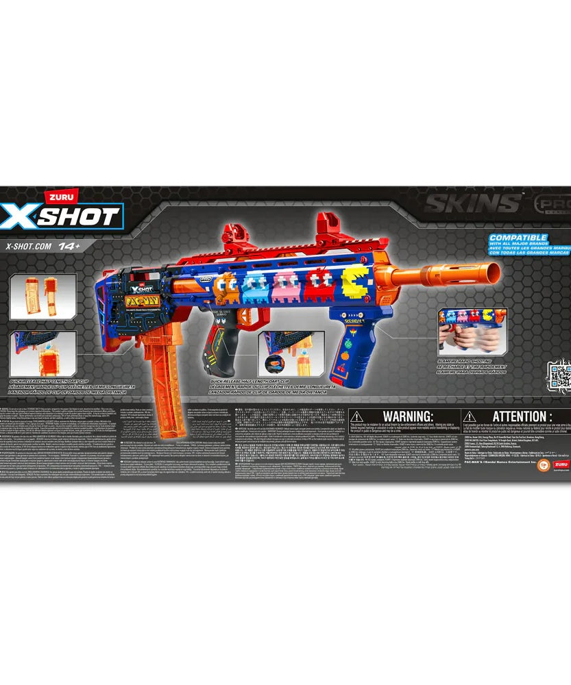 XShot Skins Pro Pac-Man Long Shot Blaster, 40 Darts, Slam Fire, Retro Skin, 2 Quick Clips, Half & Full-Length Ammo, Air Pocket Foam Tech, 66ft Range for Boys, Age 14+