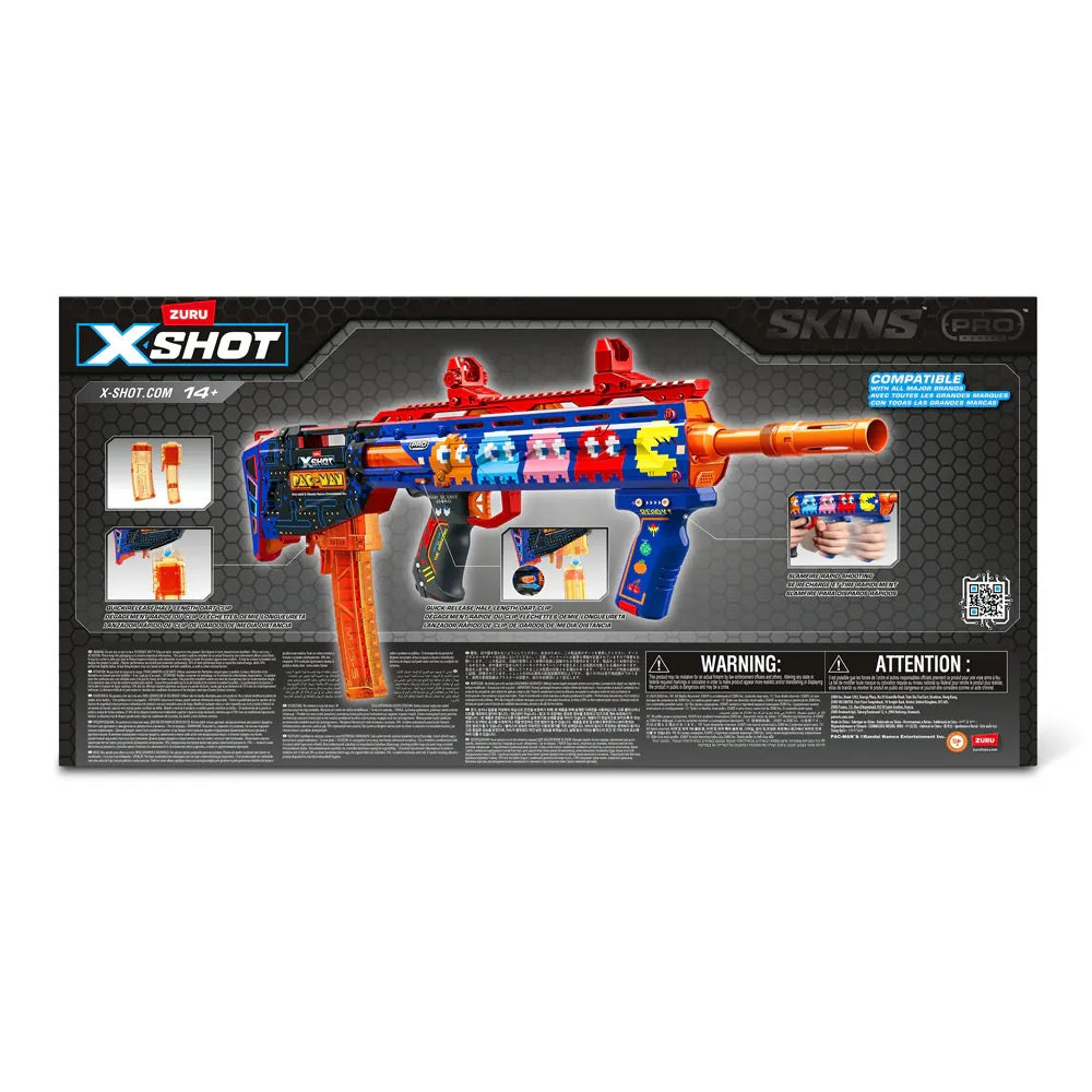XShot Skins Pro Pac-Man Long Shot Blaster, 40 Darts, Slam Fire, Retro Skin, 2 Quick Clips, Half & Full-Length Ammo, Air Pocket Foam Tech, 66ft Range for Boys, Age 14+