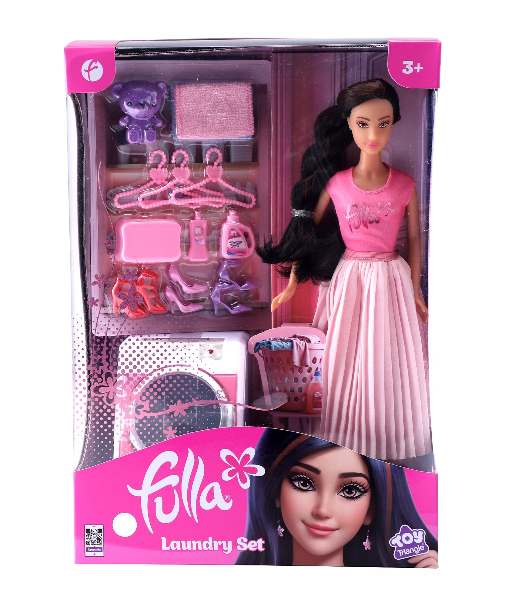 Fulla Doll with Washing Machine Playset, Light and Sound Laundry Toy with Towels, Hangers, Bear and Accessories, Interactive Role-Play Set for Girls Ages 3 and Up