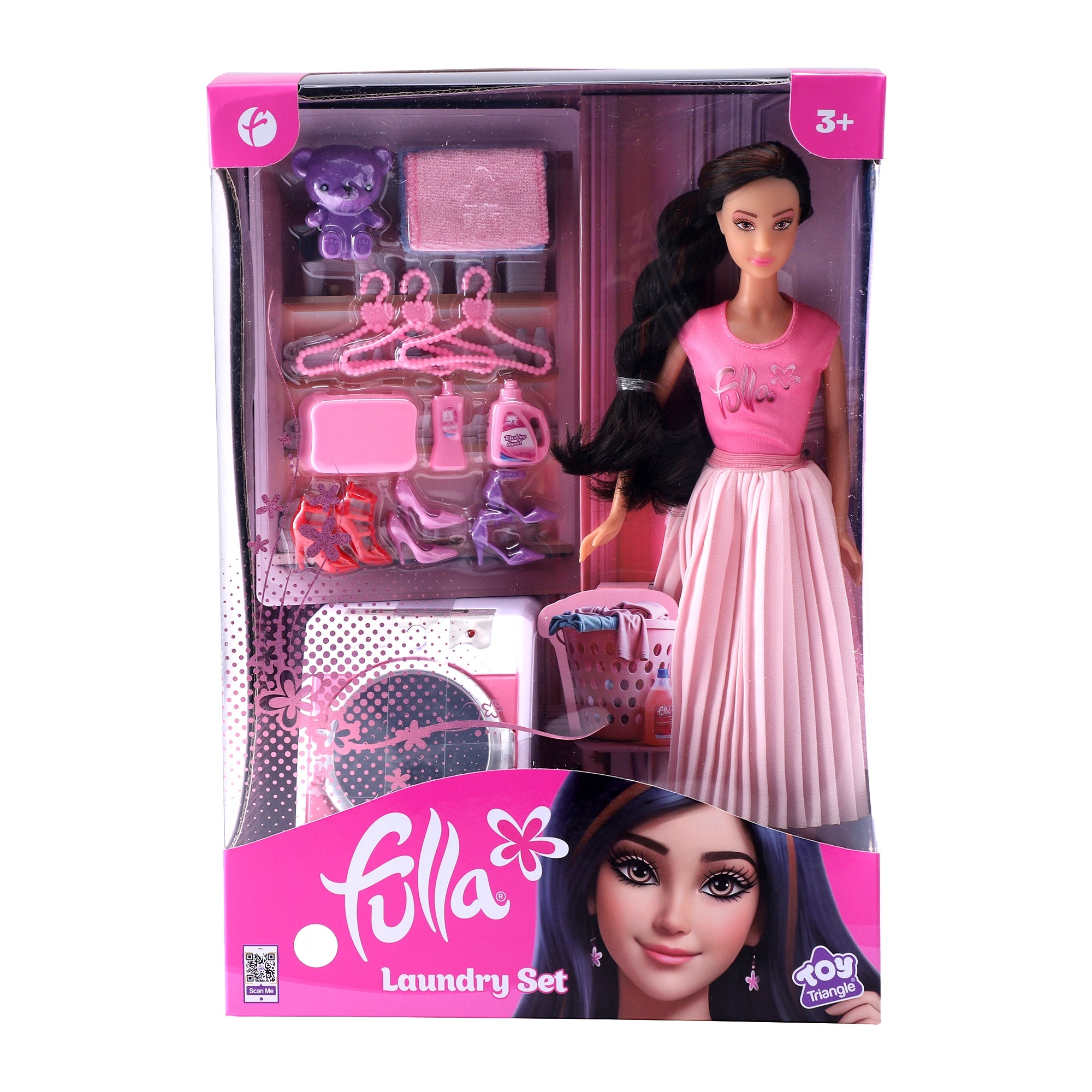 Fulla Doll with Washing Machine Playset, Light and Sound Laundry Toy with Towels, Hangers, Bear and Accessories, Interactive Role-Play Set for Girls Ages 3 and Up