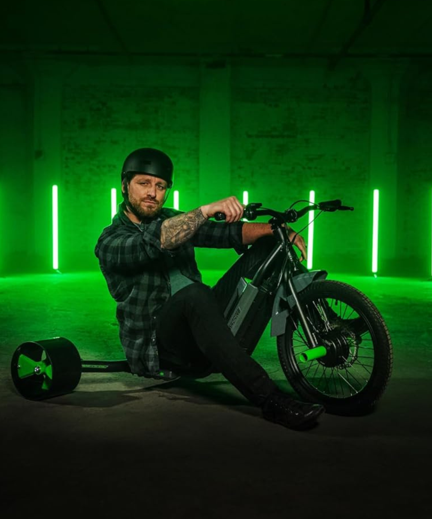 Huffy Green Machine Electric 36V Drift Trike, High Speed Electric Ride On with Adjustable Seat, Thumb Throttle Control and Drift Wheels, Teen Ride On Toy for Ages 14Y+