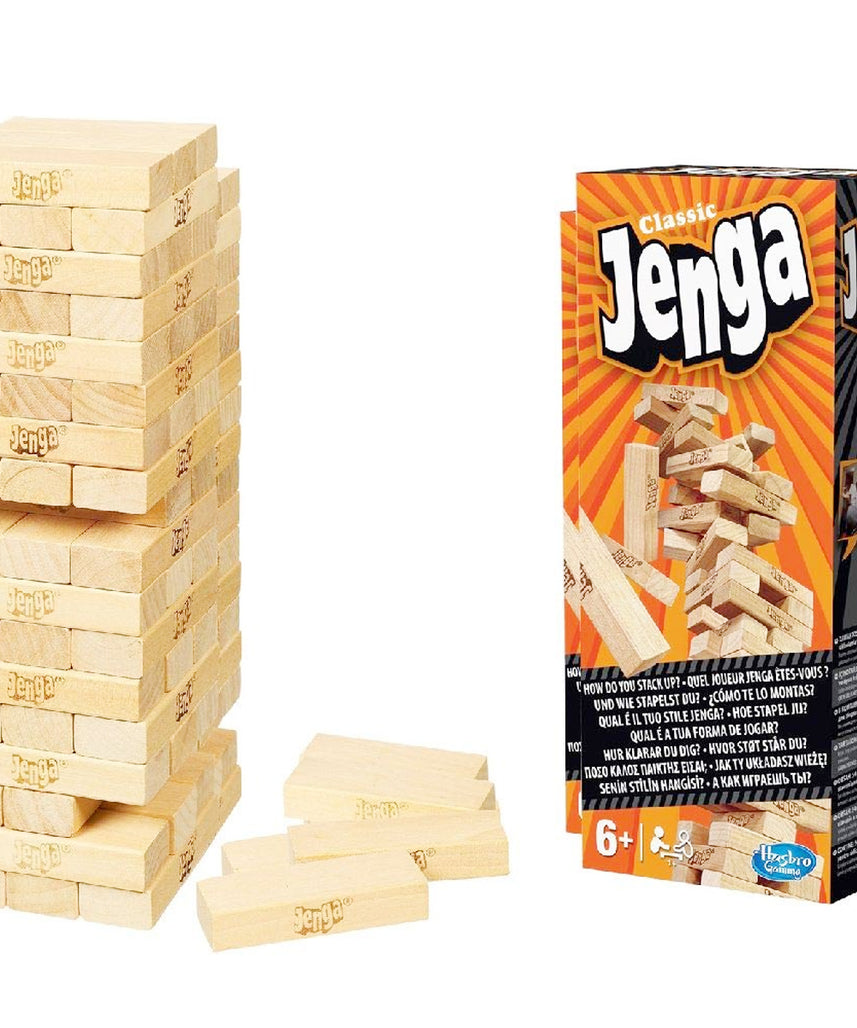 لعبة جينجا الكلاسيكية، جينجا من هاسبرو، ٥٤ مكعبًا من الخشب الصلب، لعبة برج التكديس، لعبة لوحية عائلية، لعبة أطفال، لعبة داخلية، للأعمار من ٦ سنوات فما فوق، لاعب واحد أو أكثر