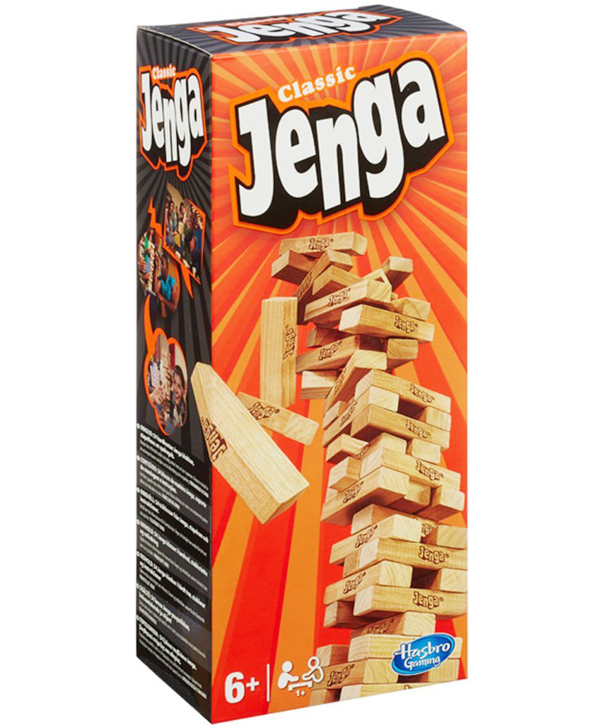 لعبة جينجا الكلاسيكية، جينجا من هاسبرو، ٥٤ مكعبًا من الخشب الصلب، لعبة برج التكديس، لعبة لوحية عائلية، لعبة أطفال، لعبة داخلية، للأعمار من ٦ سنوات فما فوق، لاعب واحد أو أكثر