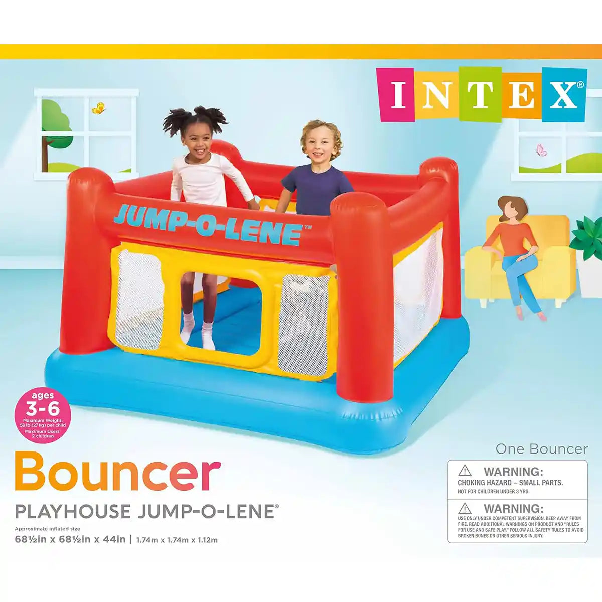 Intex Jump-O-Lene Inflatable Playhouse Bouncer 48260NP – Extra Large Indoor/Outdoor Jumping Castle for Kids, 174 x 174 x 112 cm, Ages 3+