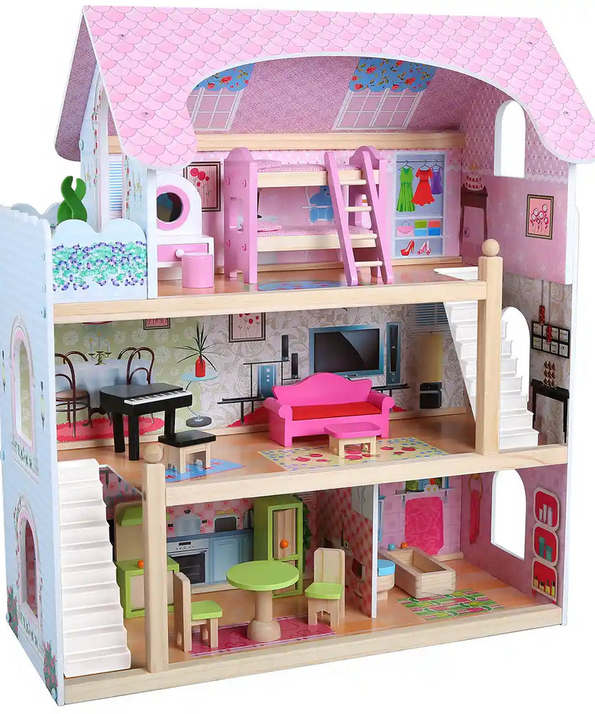 بيت دمى خشبي من EduFun مع شرفة للأطفال الصغار، فيلا دمى كبيرة من 3 طوابق مع 4 غرف، سلالم، ملحقات أثاث من 15 قطعة، لعبة تظاهر تعليمية للأطفال من سن 3 سنوات فما فوق