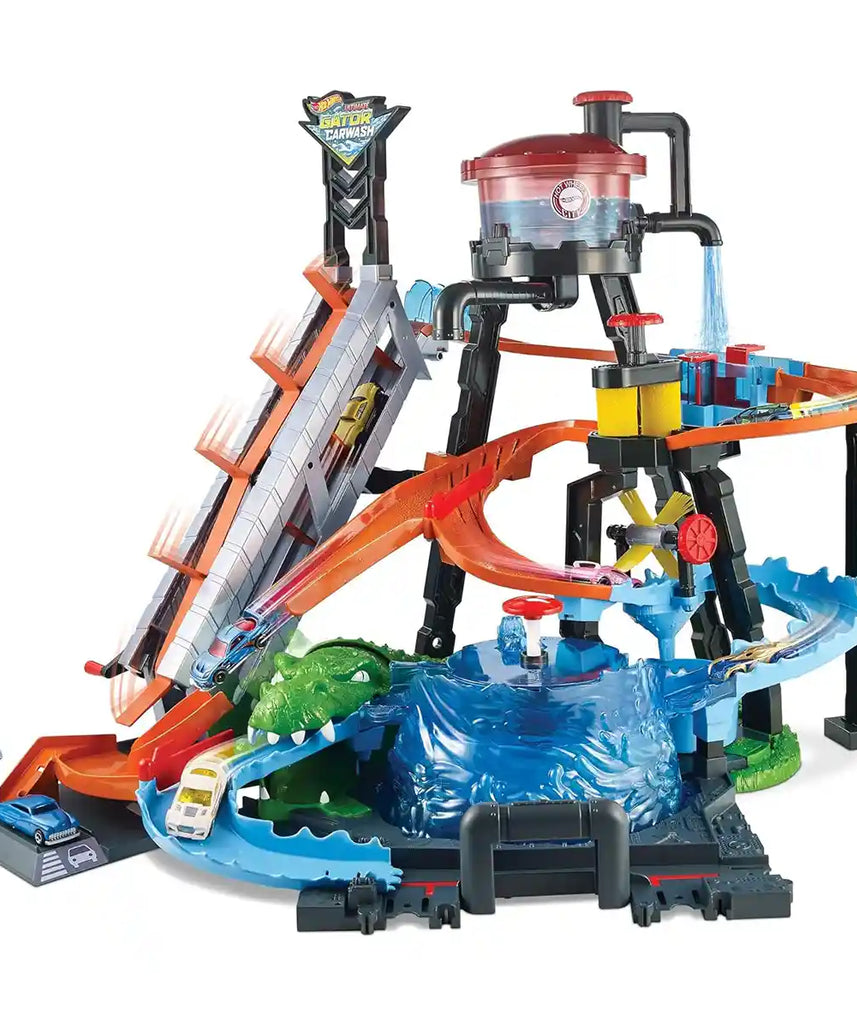 Hot Wheels City Ultimate Gator Car Wash Playset with Color Shifters Car, Manual Crank Elevator, Whirlpool Dunk Tank, and Giant Gator, Boys & Girls, Ages 4+